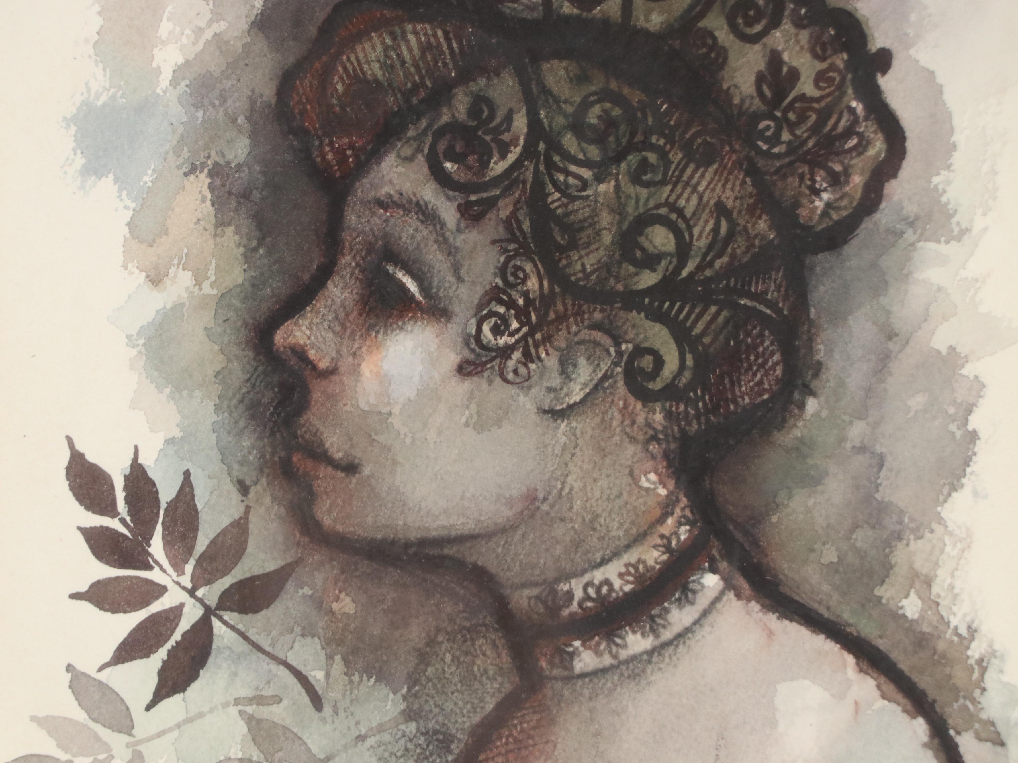 Elmer Ruff Watercolor Painting of Whimsical Contemporary Portrait, 1967