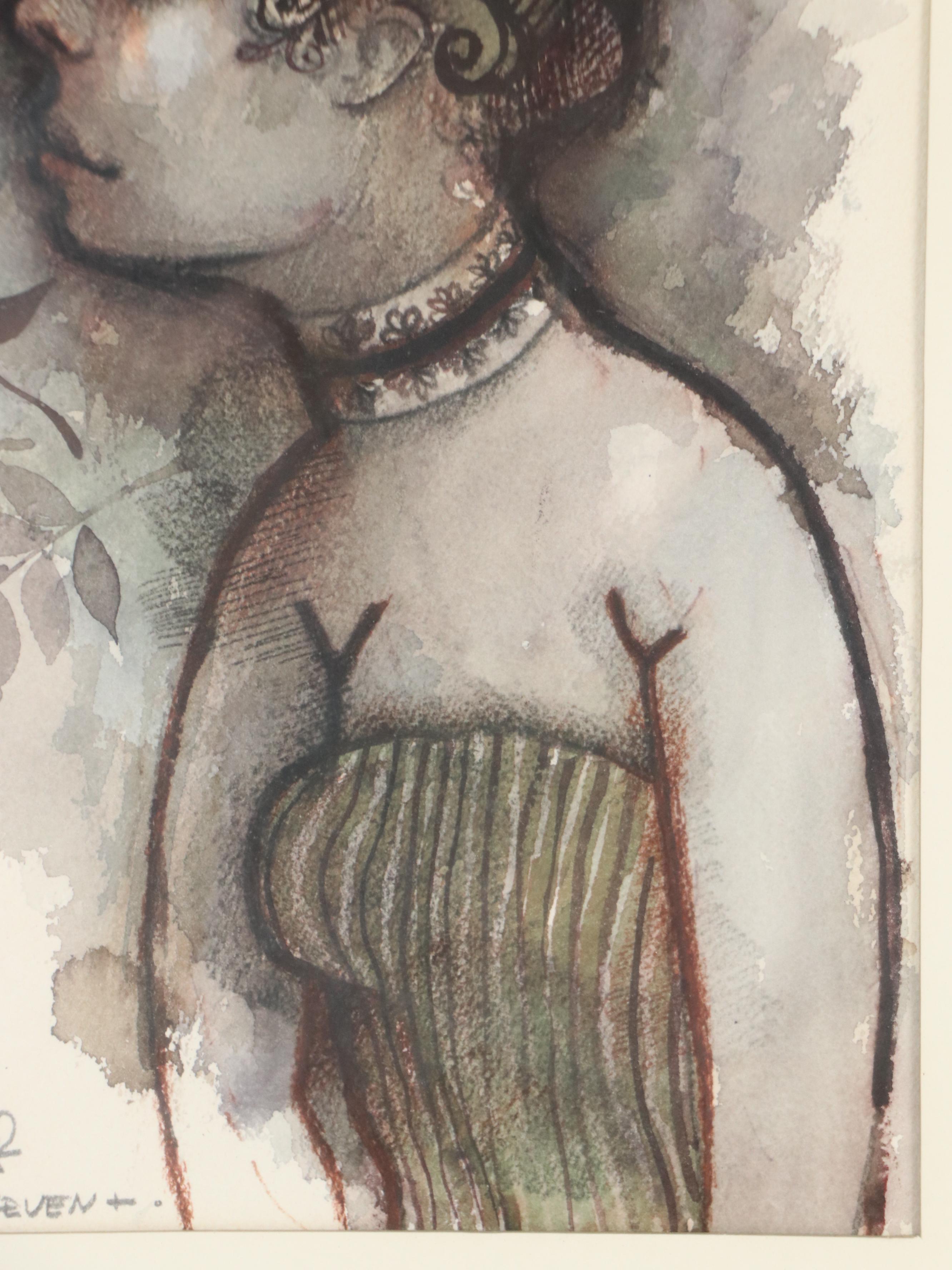 Elmer Ruff Watercolor Painting of Whimsical Contemporary Portrait, 1967