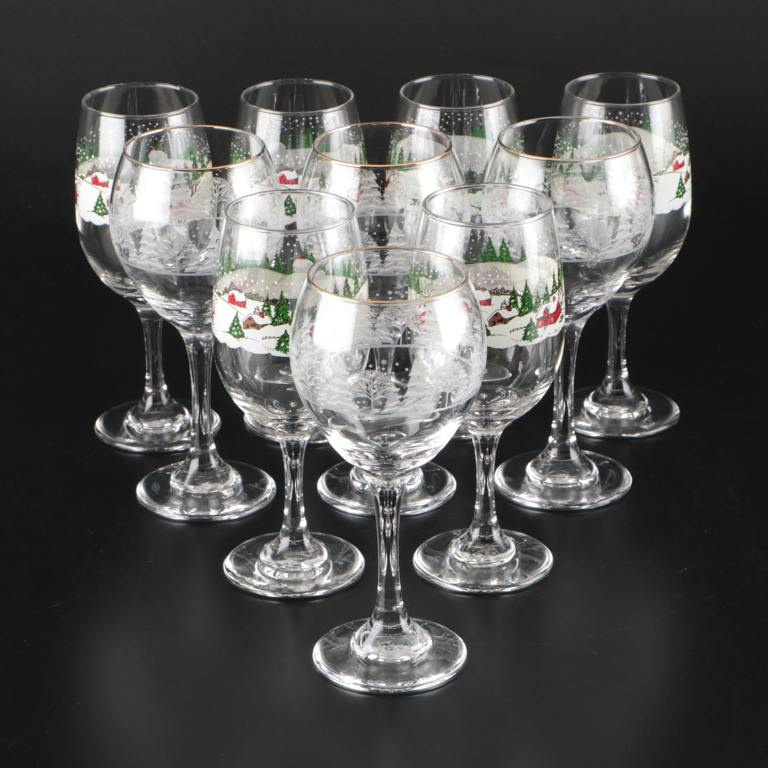 Libbey "Winter Village" and Other Frosted Scene Wine Glasses, Mid–Late 20th C.