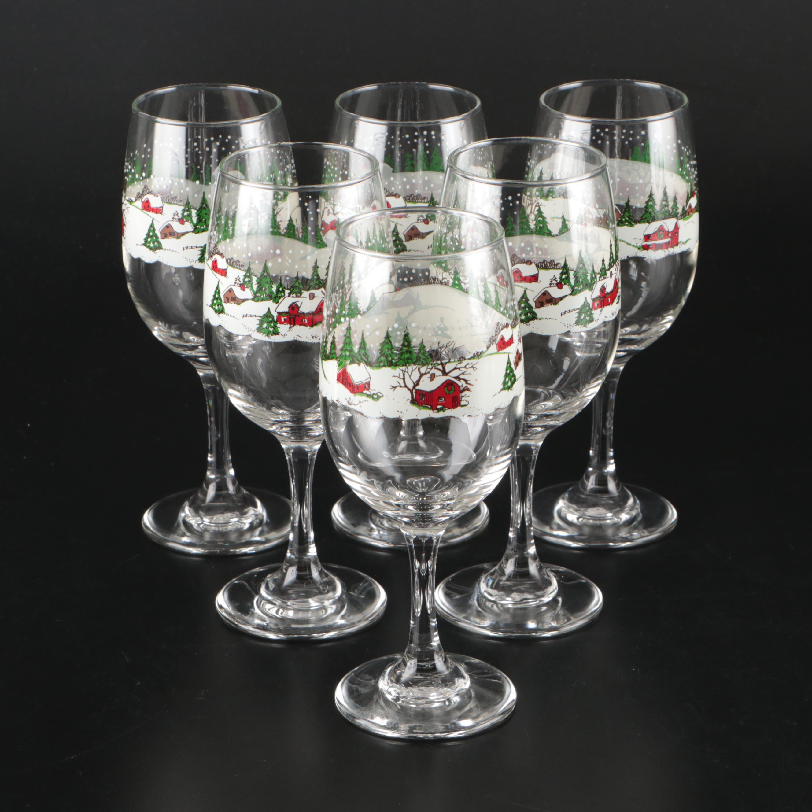 Libbey "Winter Village" and Other Frosted Scene Wine Glasses, Mid–Late 20th C.