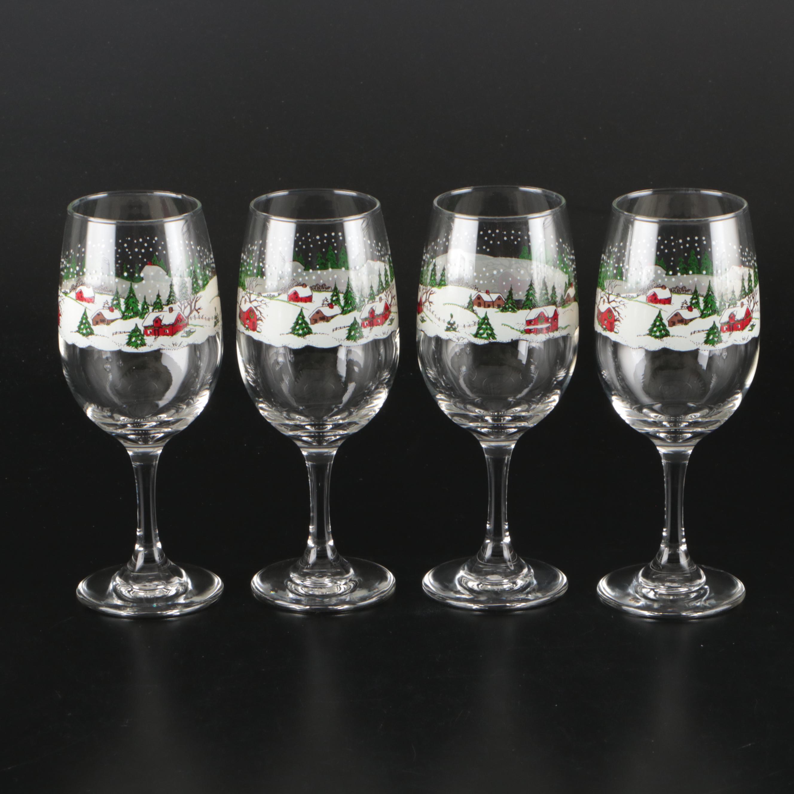 Libbey "Winter Village" and Other Frosted Scene Wine Glasses, Mid–Late 20th C.