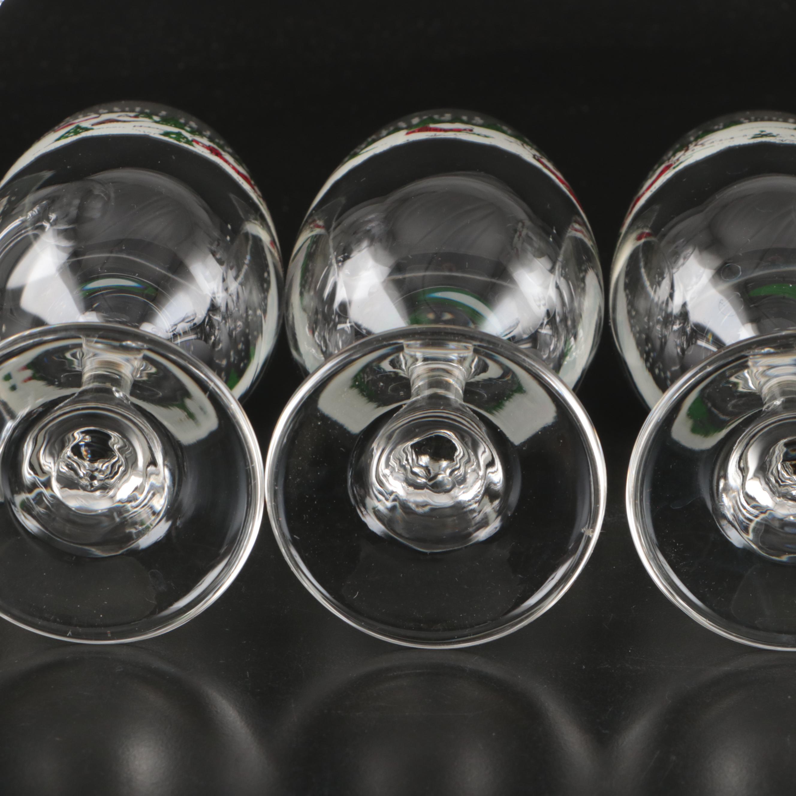 Libbey "Winter Village" and Other Frosted Scene Wine Glasses, Mid–Late 20th C.