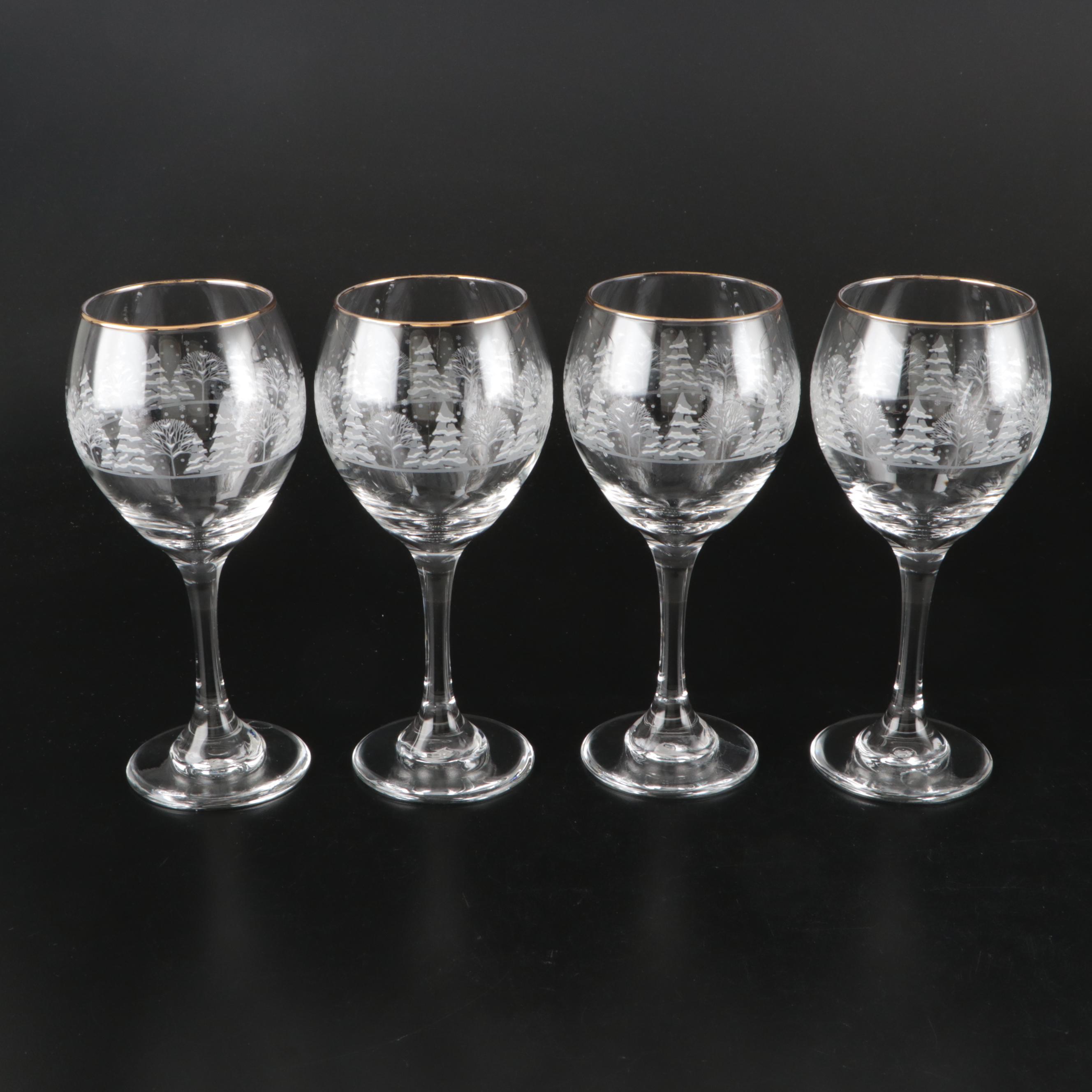 Libbey "Winter Village" and Other Frosted Scene Wine Glasses, Mid–Late 20th C.