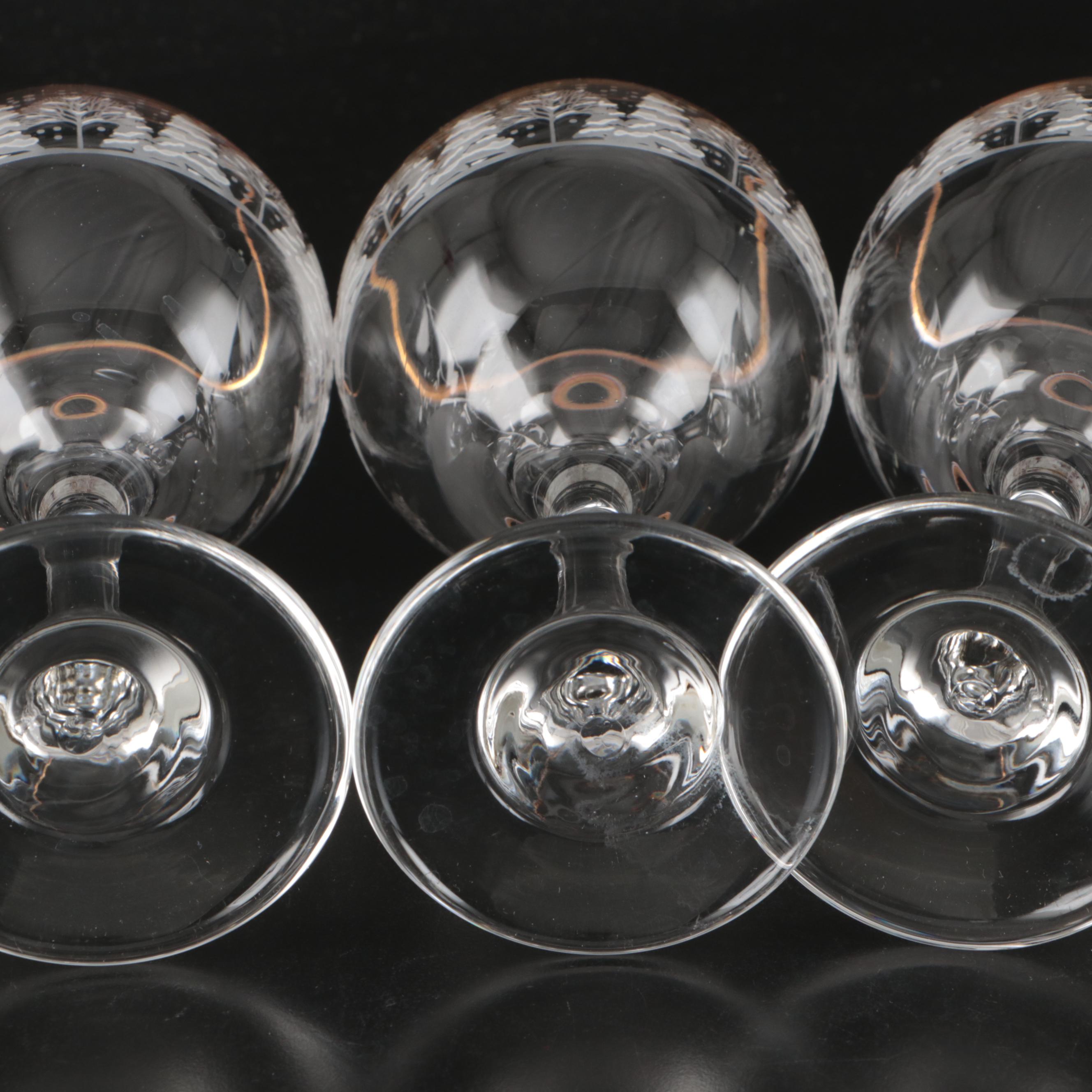 Libbey "Winter Village" and Other Frosted Scene Wine Glasses, Mid–Late 20th C.