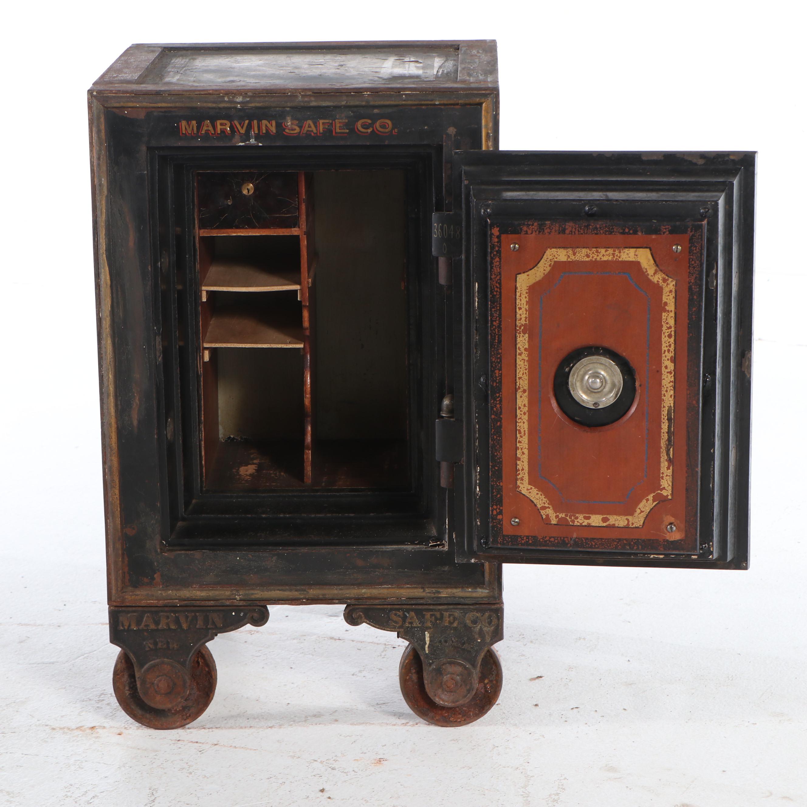 Marvin Safe Co. Paint-Decorated Metal Safe on Casters, Early 20th Century