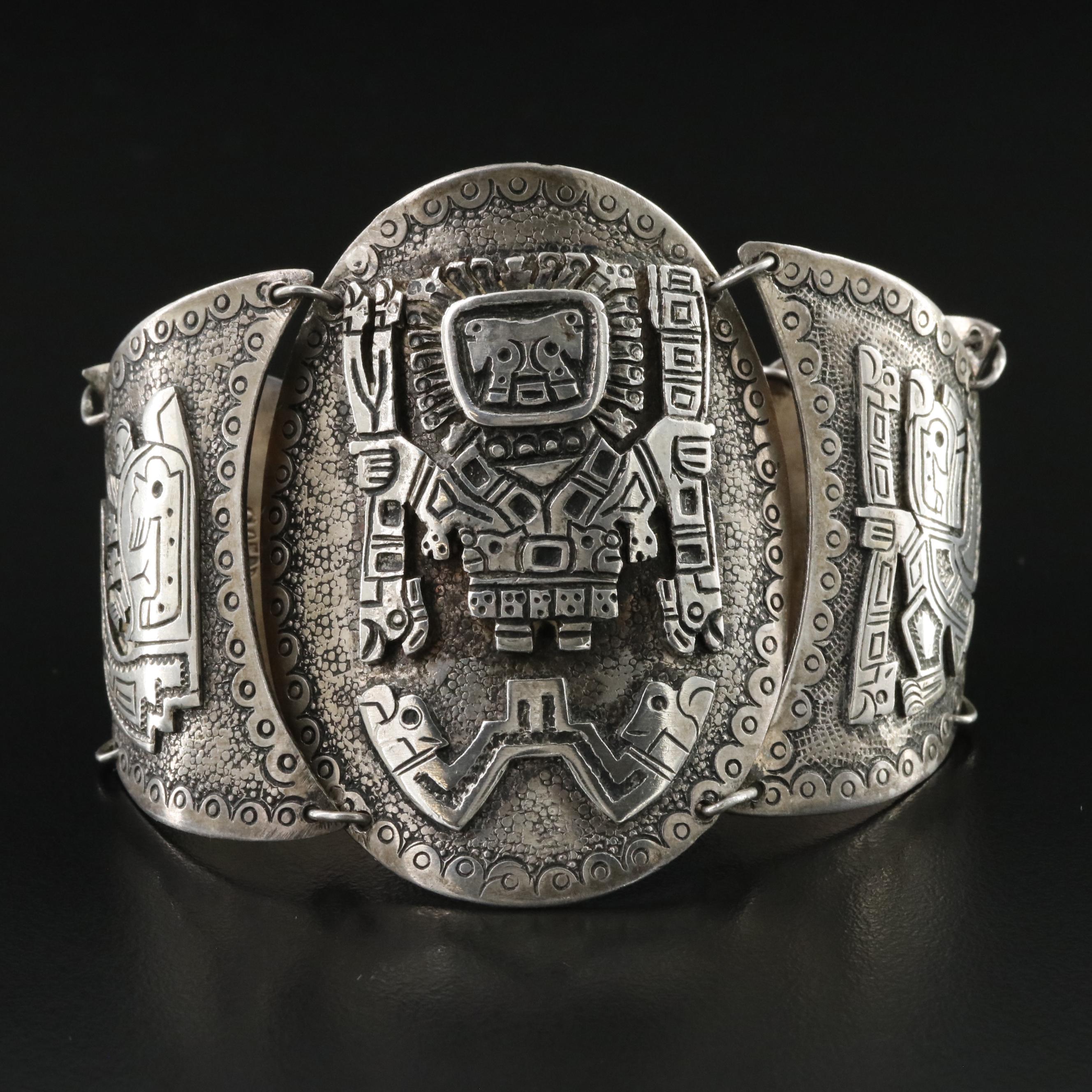 900 Silver Signed Mesoamerican Gods Bracelet