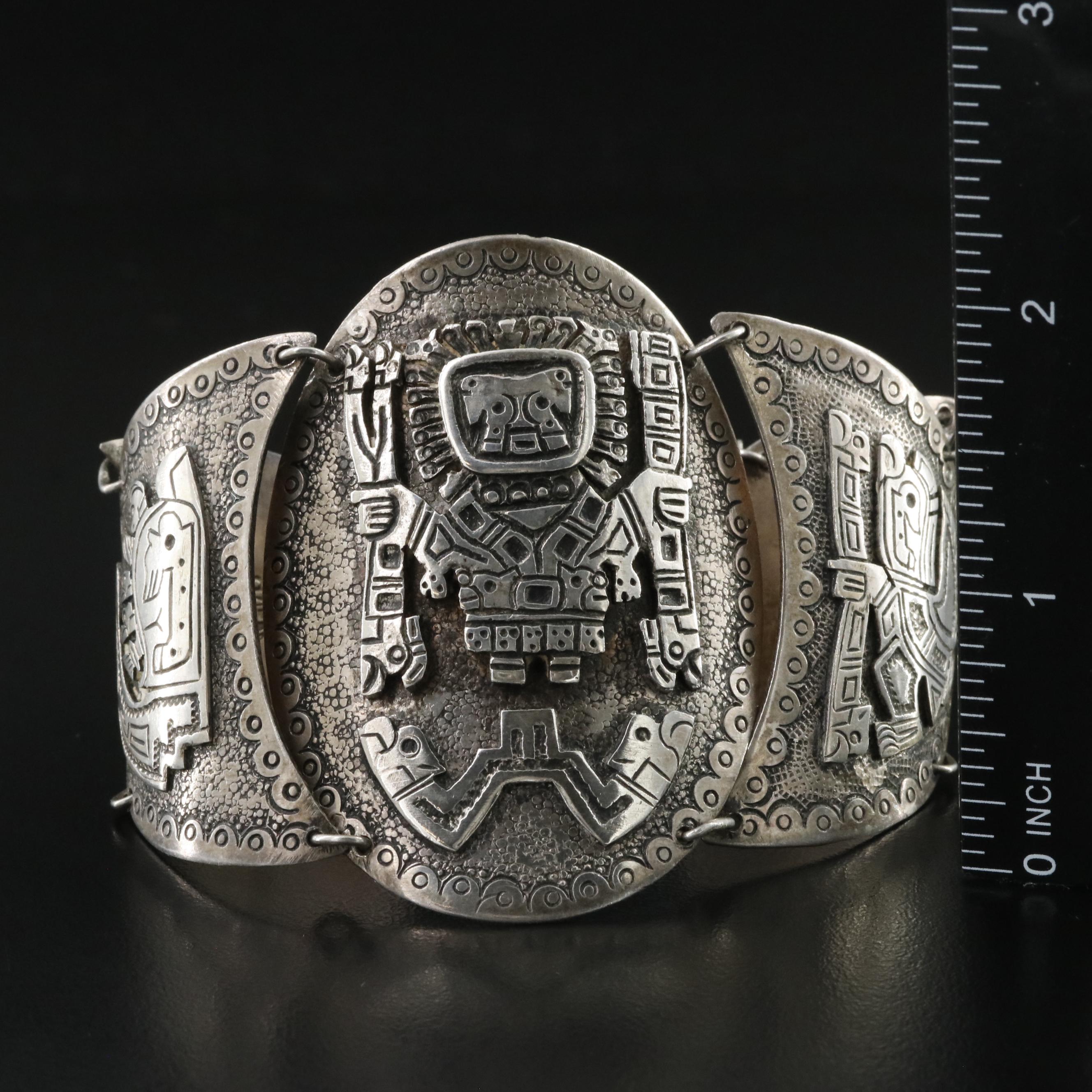 900 Silver Signed Mesoamerican Gods Bracelet