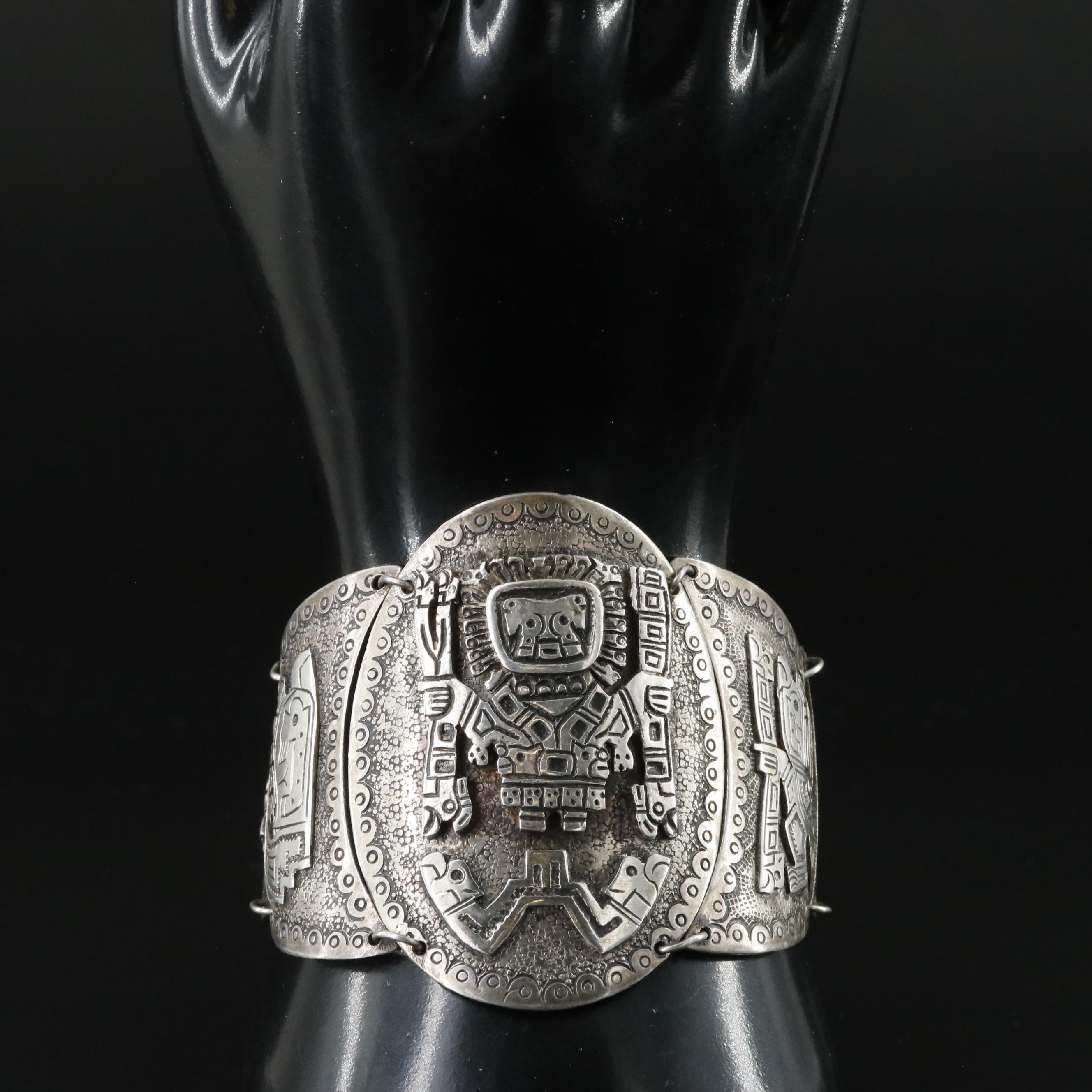 900 Silver Signed Mesoamerican Gods Bracelet