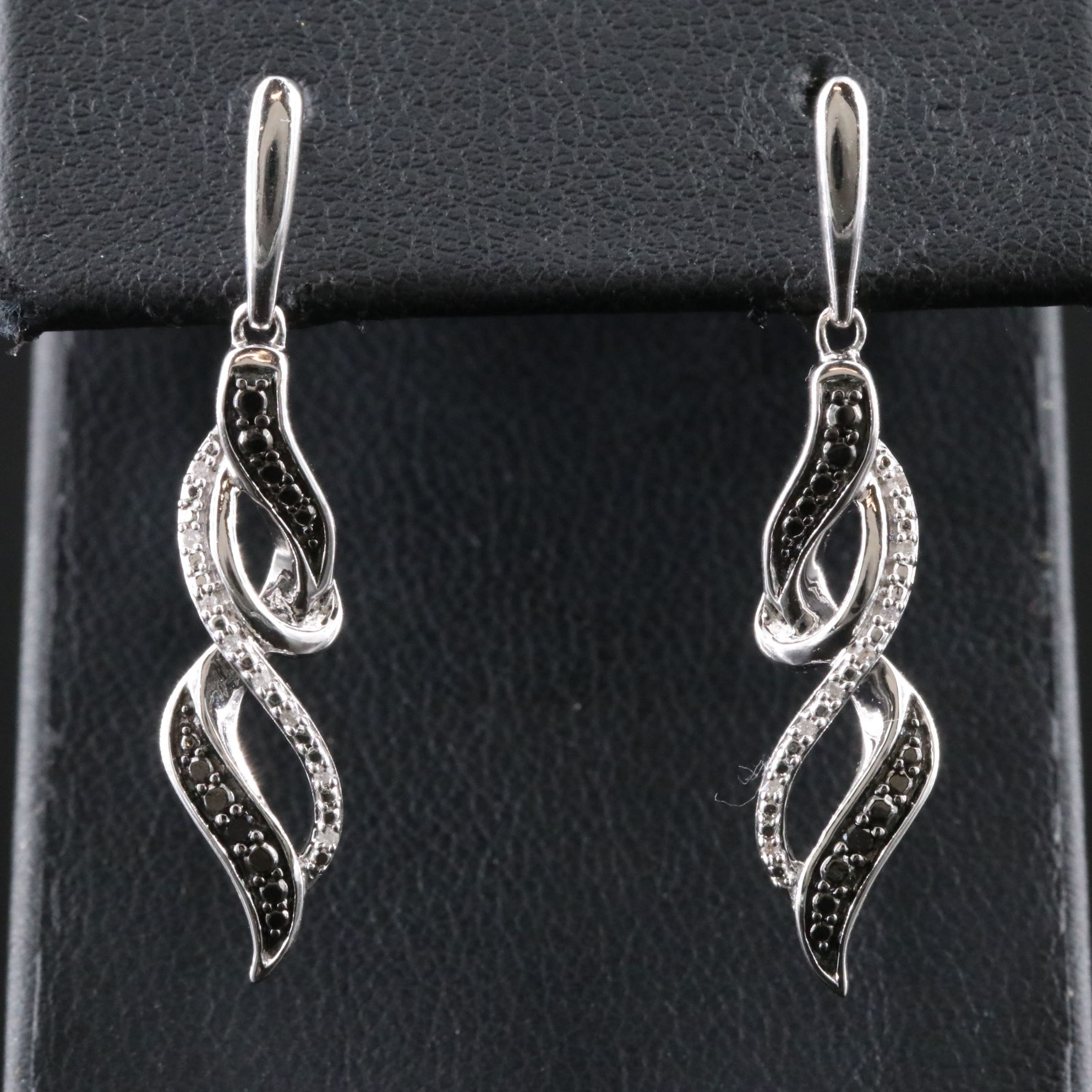 Sterling Diamond Drop Earrings with Fancy Black Diamond Accents