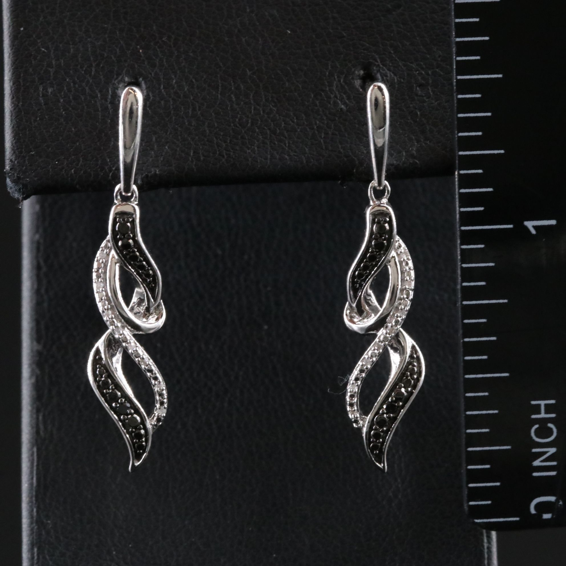 Sterling Diamond Drop Earrings with Fancy Black Diamond Accents