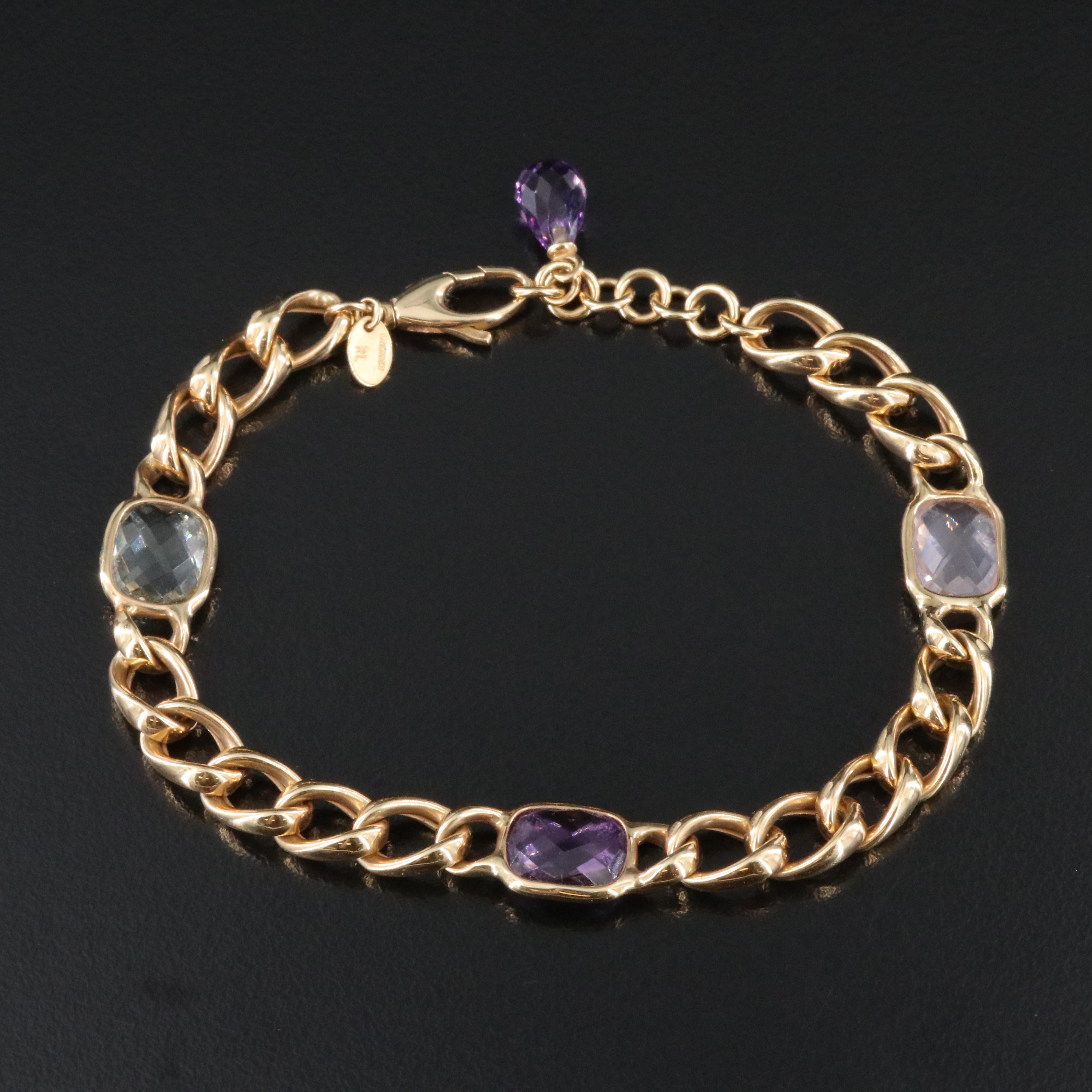 14K Amethyst, Prasiolite and Rose Quartz Station Bracelet