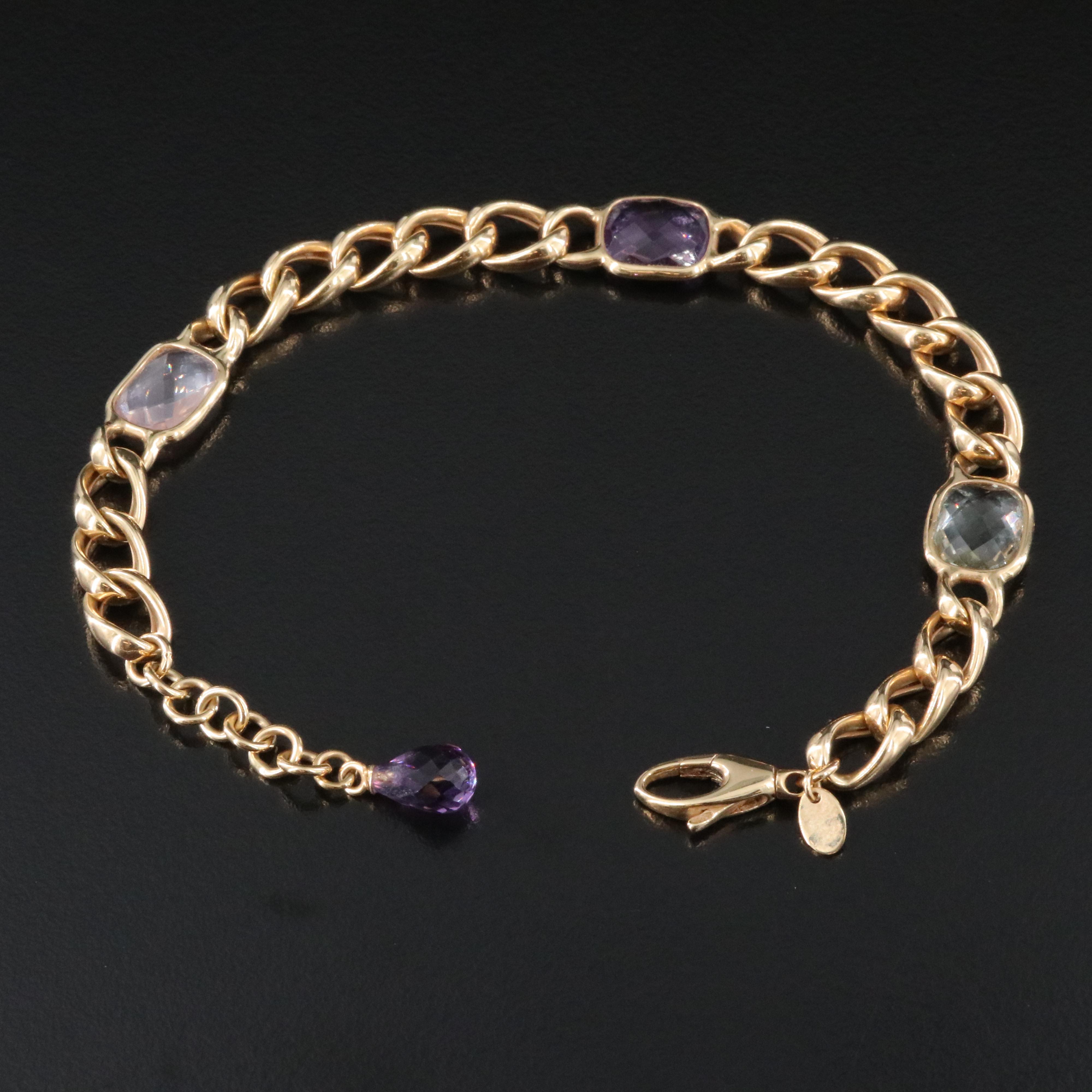 14K Amethyst, Prasiolite and Rose Quartz Station Bracelet