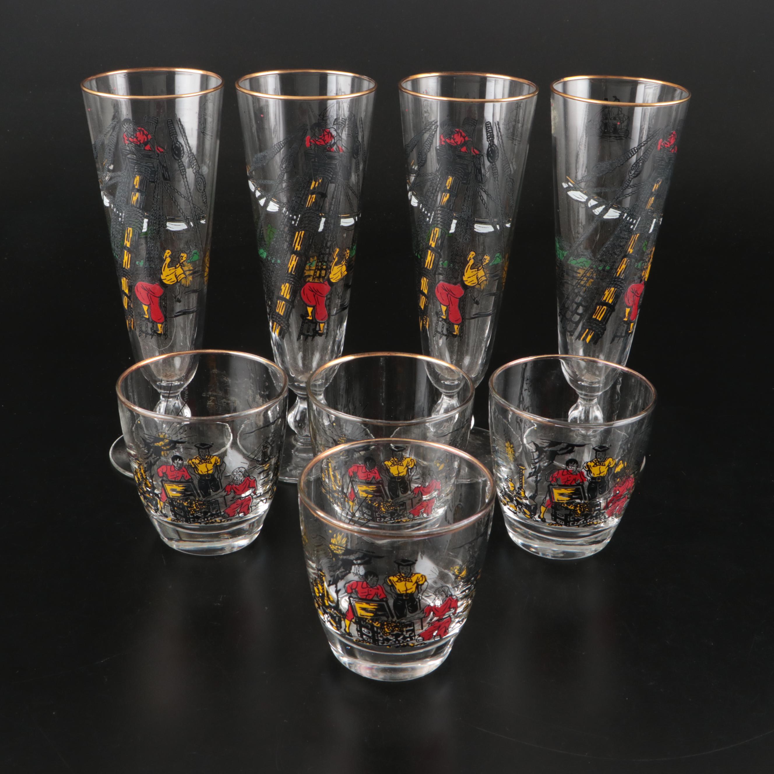 Libbey "Treasure Island" Tumblers and Pilsner Glasses, Mid-20th Century
