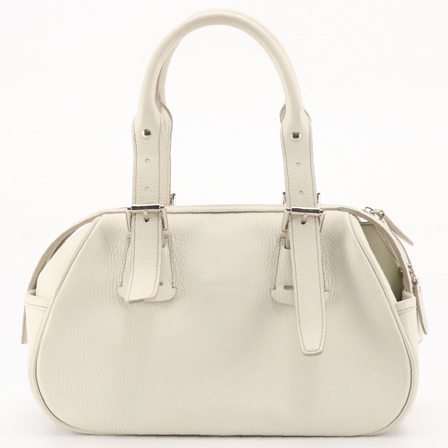 Burberry White Grain Leather Zip Top Shoulder Bag with House Check Lining