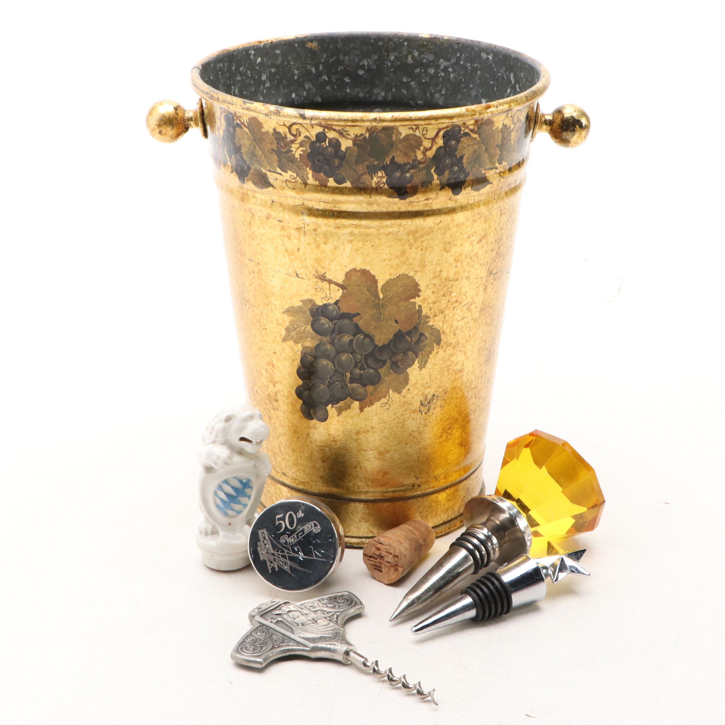 Metal Ice Bucket with Tiffany & Co. Sterling and Other Bottle Stoppers