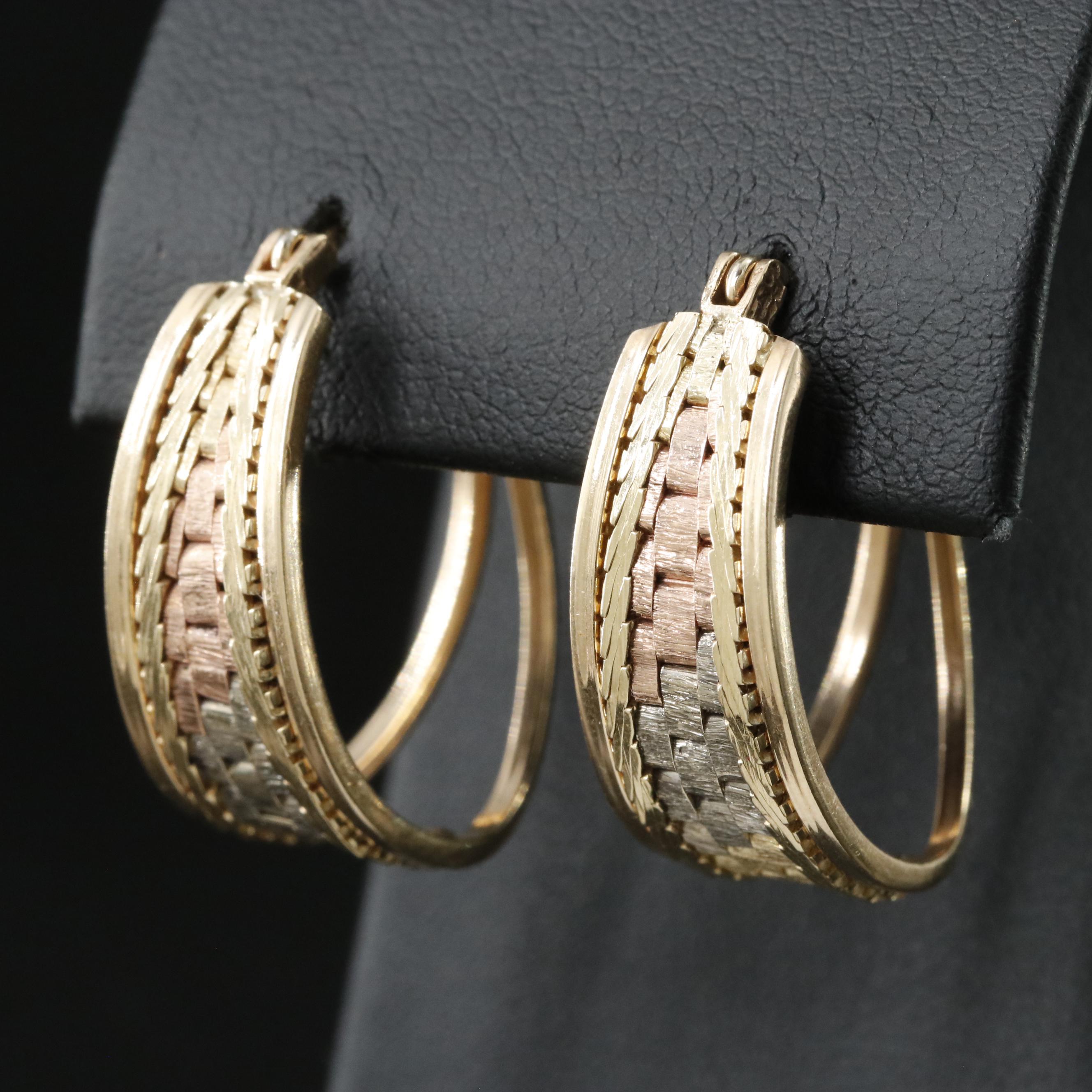 14K Tri-Color Tapered Oval Hoops