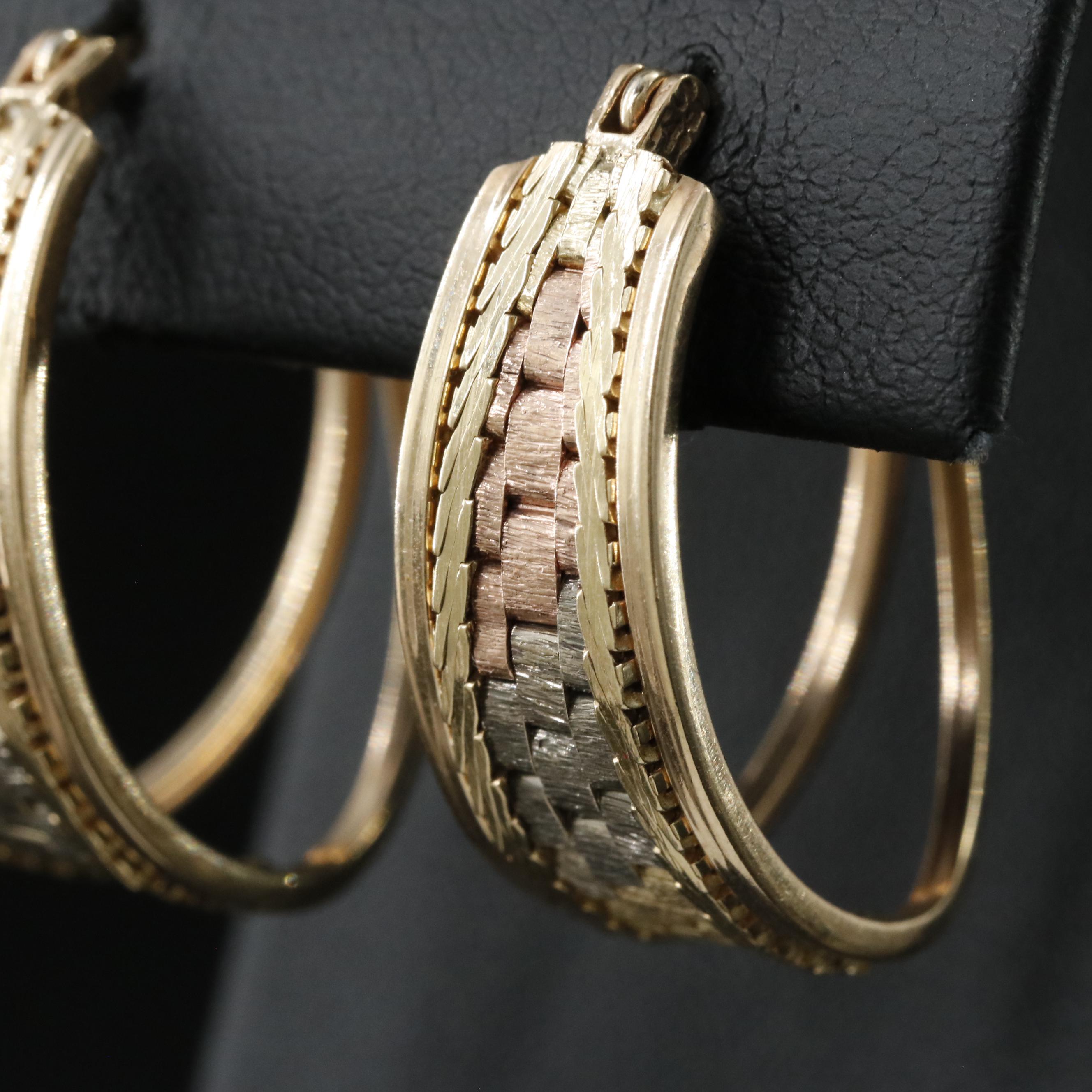 14K Tri-Color Tapered Oval Hoops