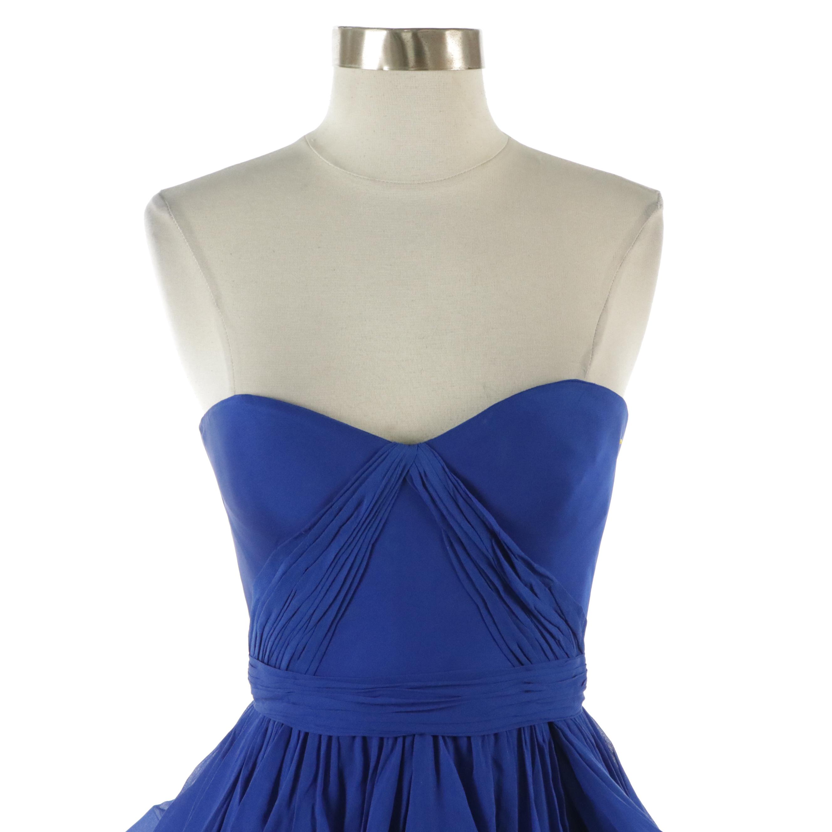 Reem Acra Sapphire Blue Ruffled Silk Strapless Mini Dress