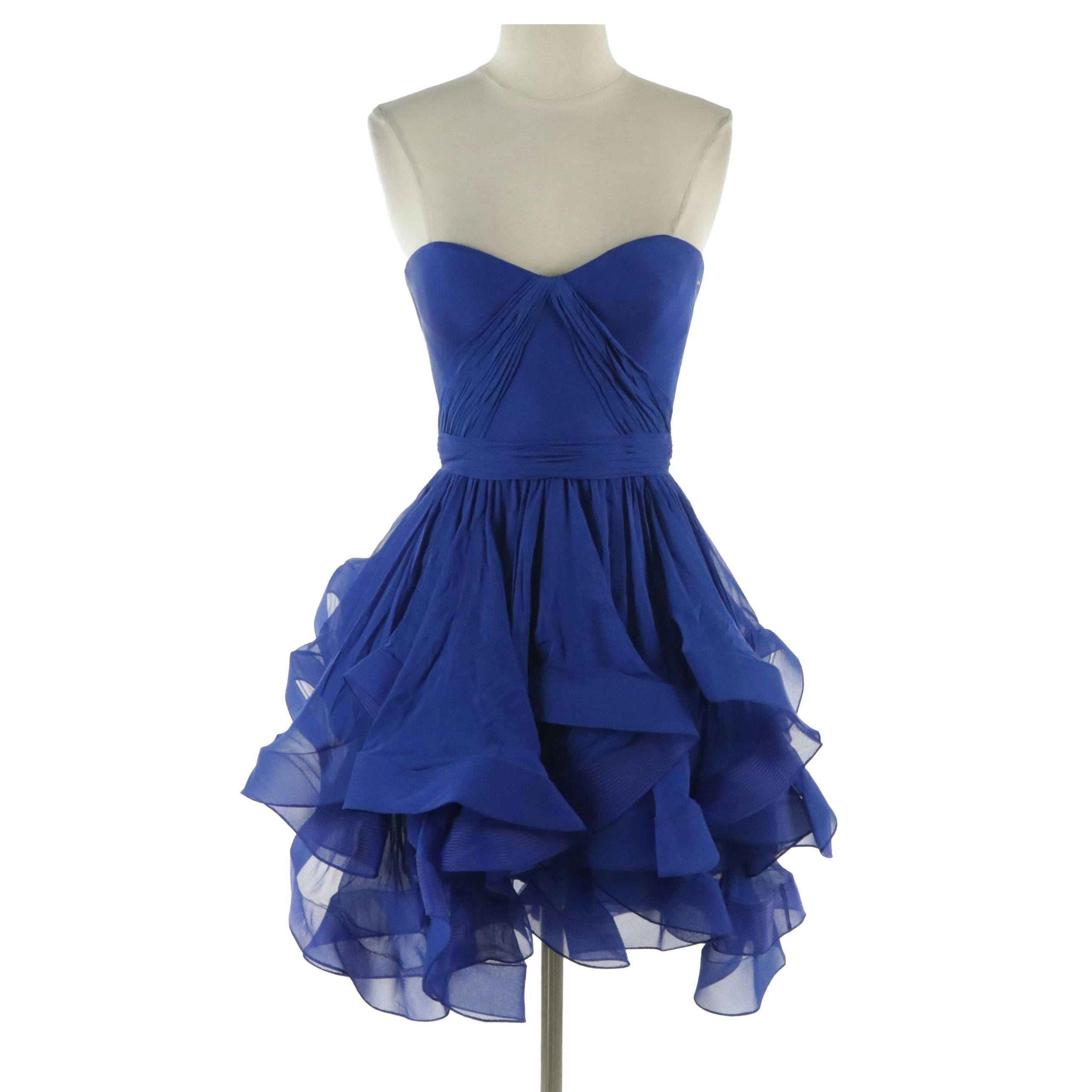 Reem Acra Sapphire Blue Ruffled Silk Strapless Mini Dress