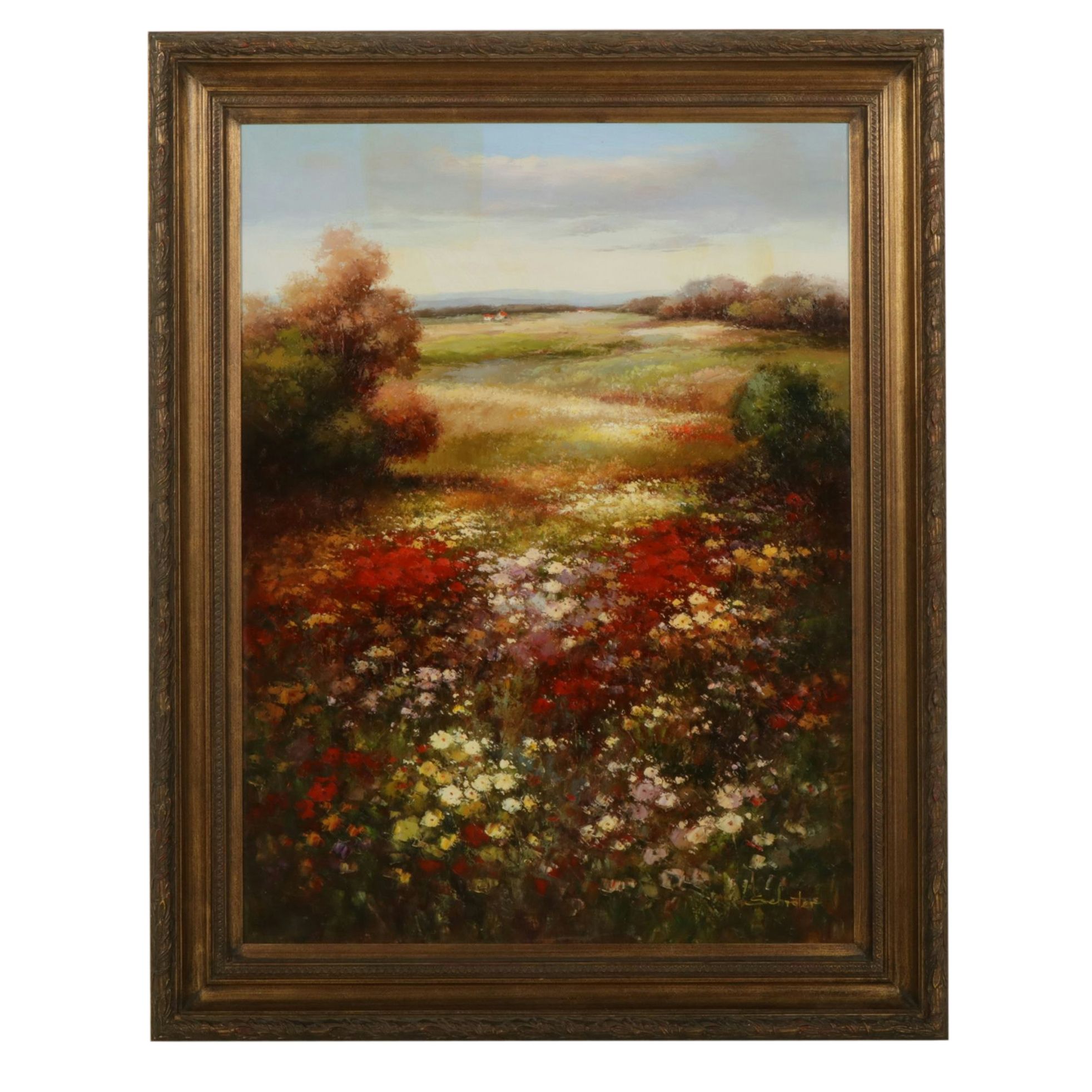 Schroter Large Scale Impressionist Wildflower Meadow Landscape Oil Painting