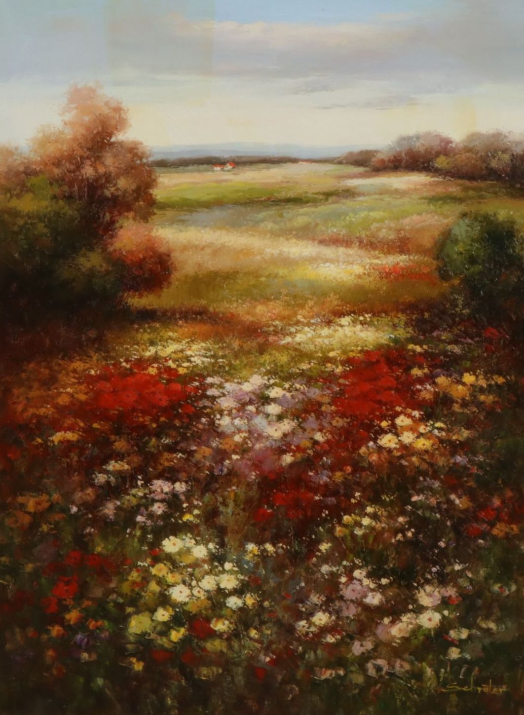 Schroter Large Scale Impressionist Wildflower Meadow Landscape Oil Painting