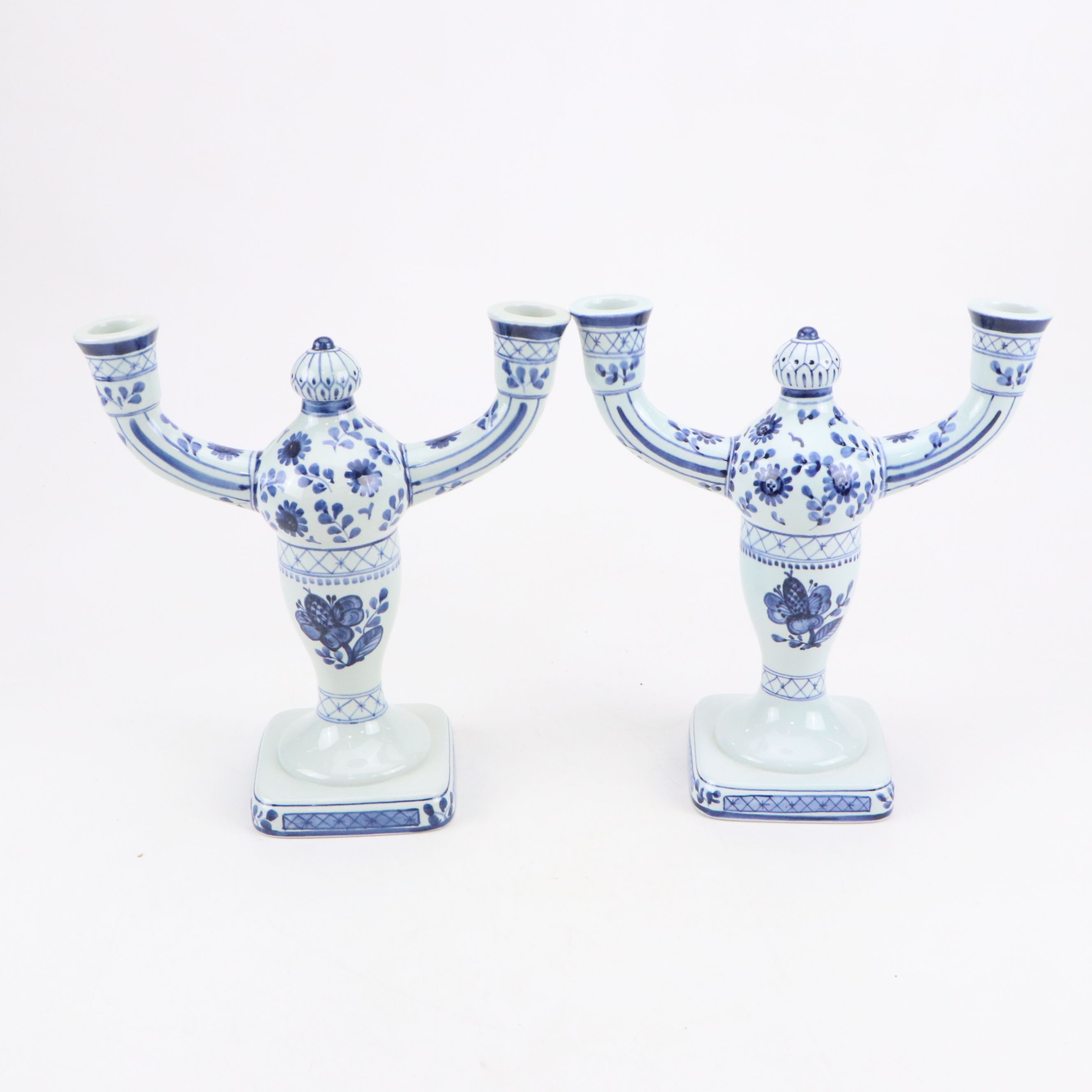 Royal Copenhagen Porcelain Candelabra with Blue on White Porcelain Vase