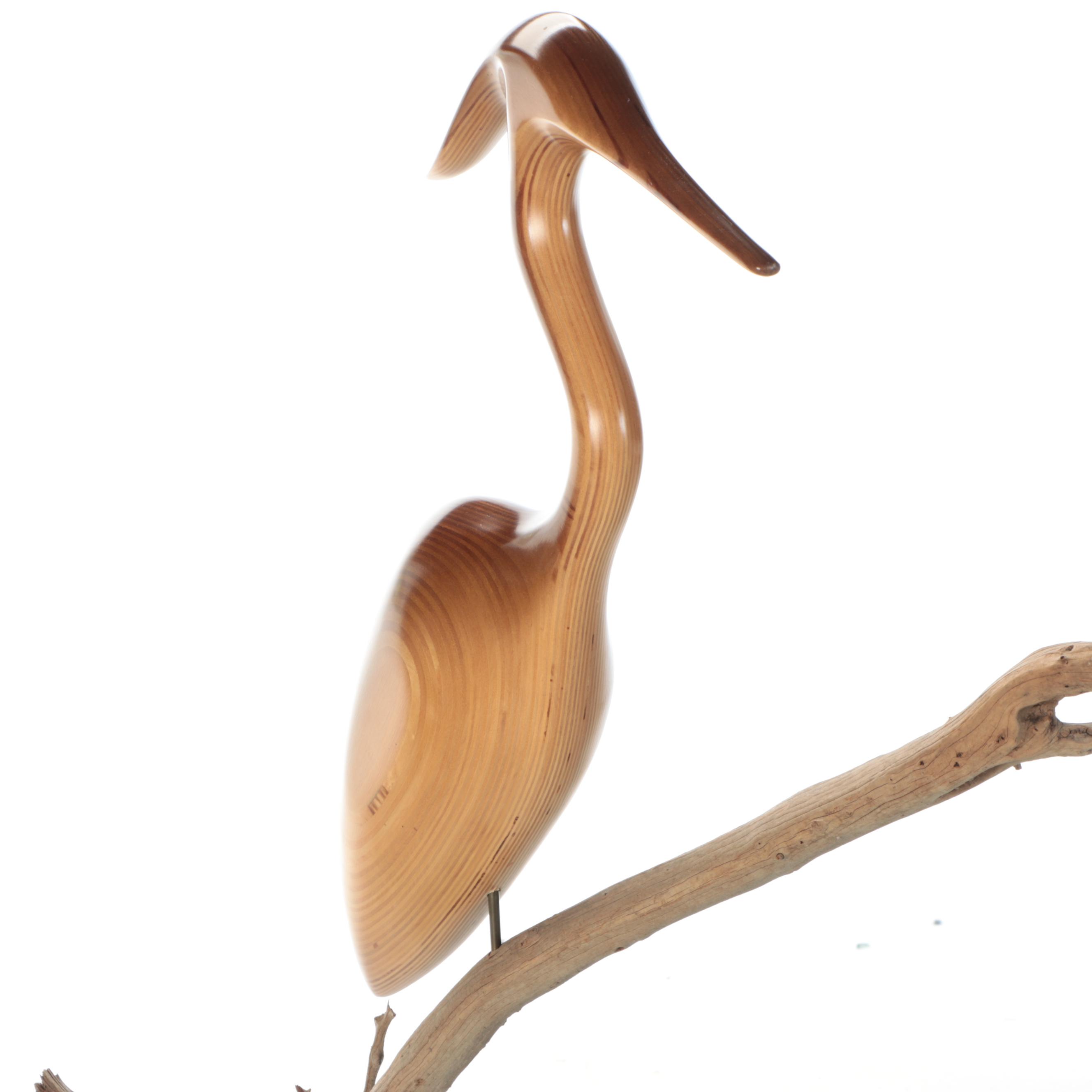 Carved Wood Heron Sculpture on Driftwood