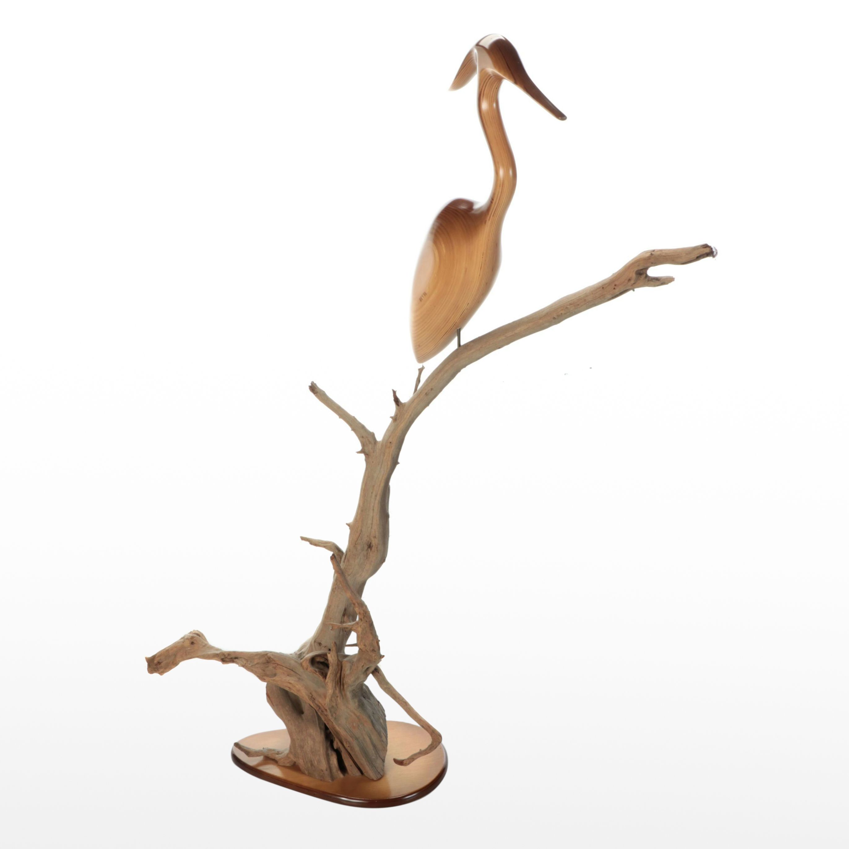 Carved Wood Heron Sculpture on Driftwood