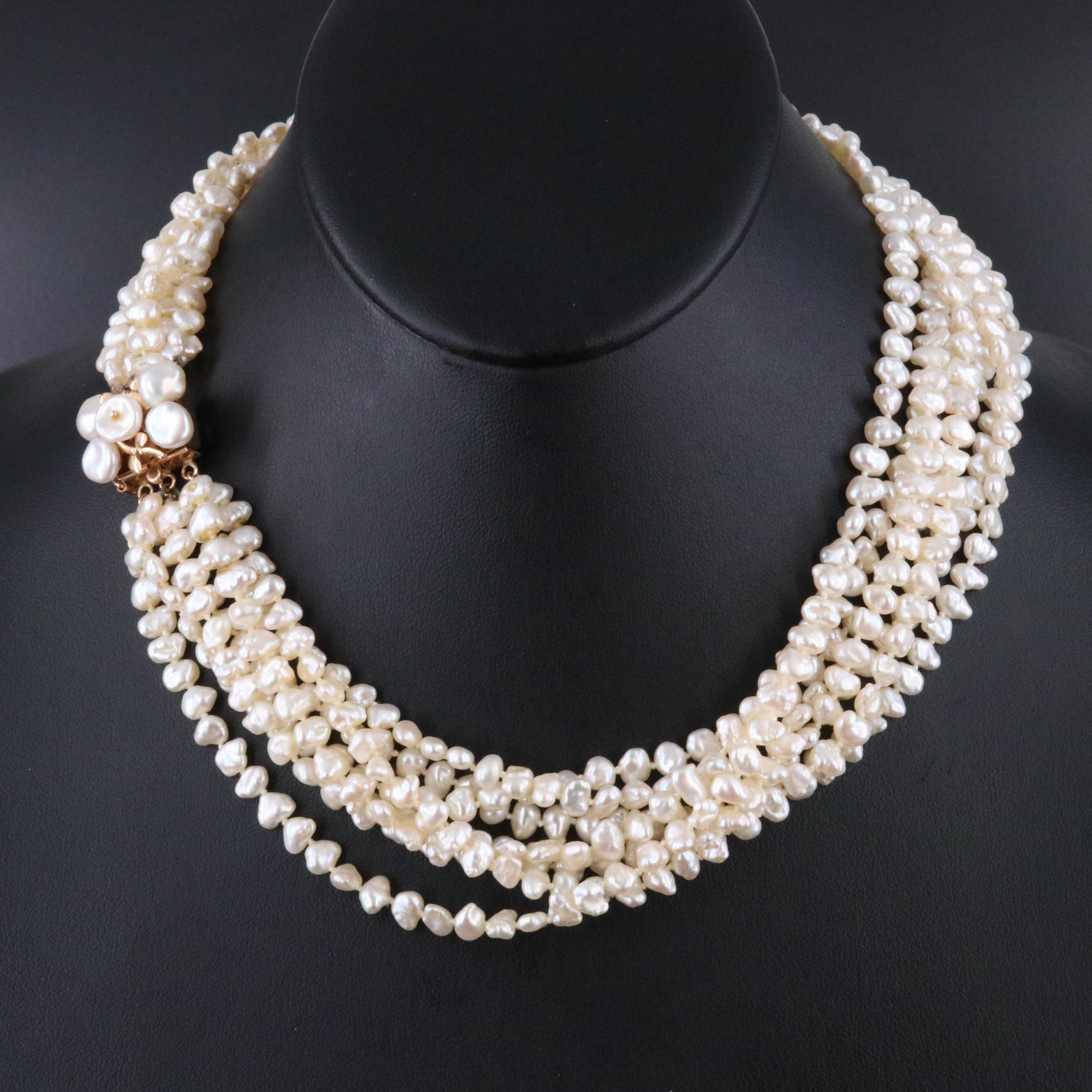 Vintage Multi-Strand Pearl Necklace with 14K Clasp