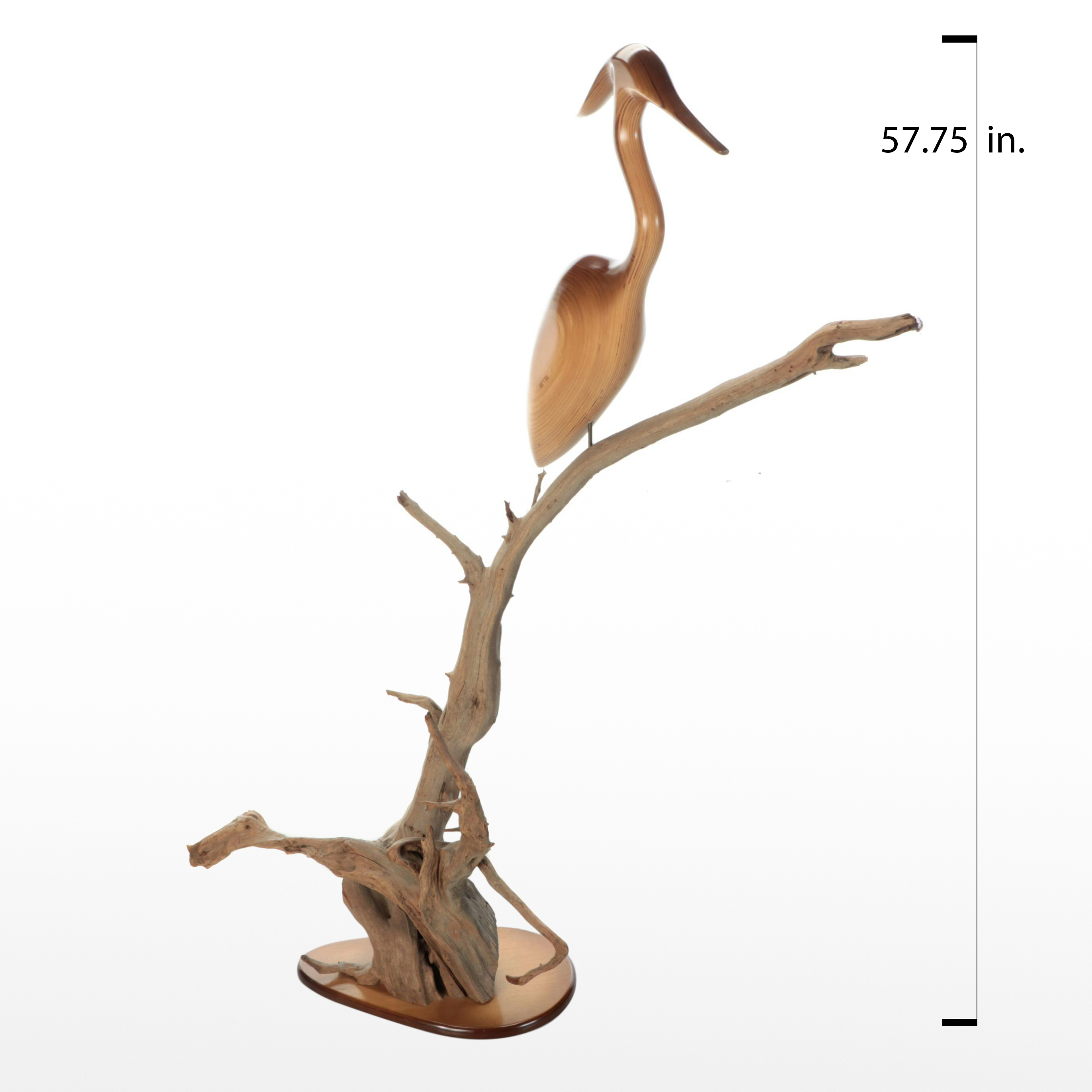 Carved Wood Heron Sculpture on Driftwood