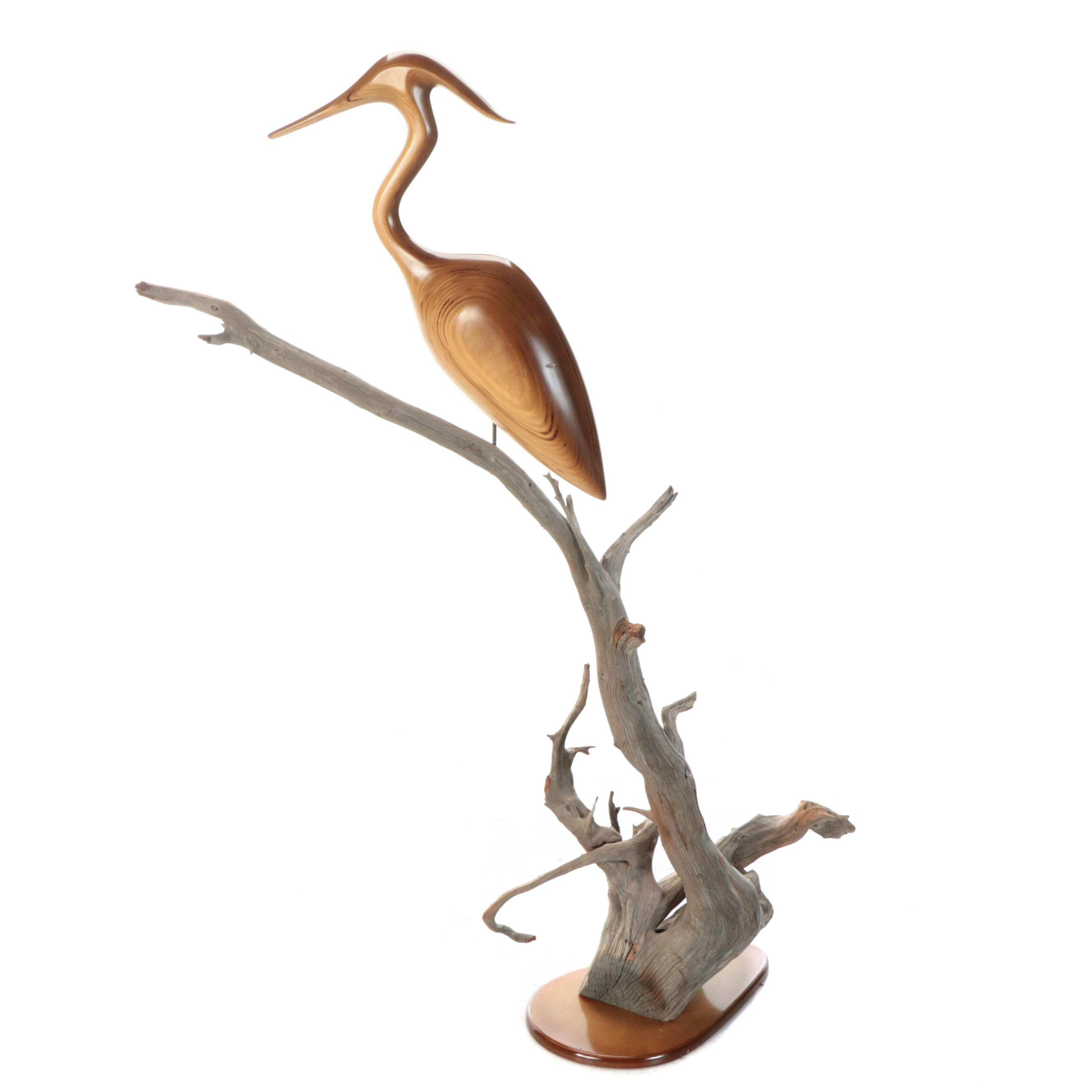 Carved Wood Heron Sculpture on Driftwood