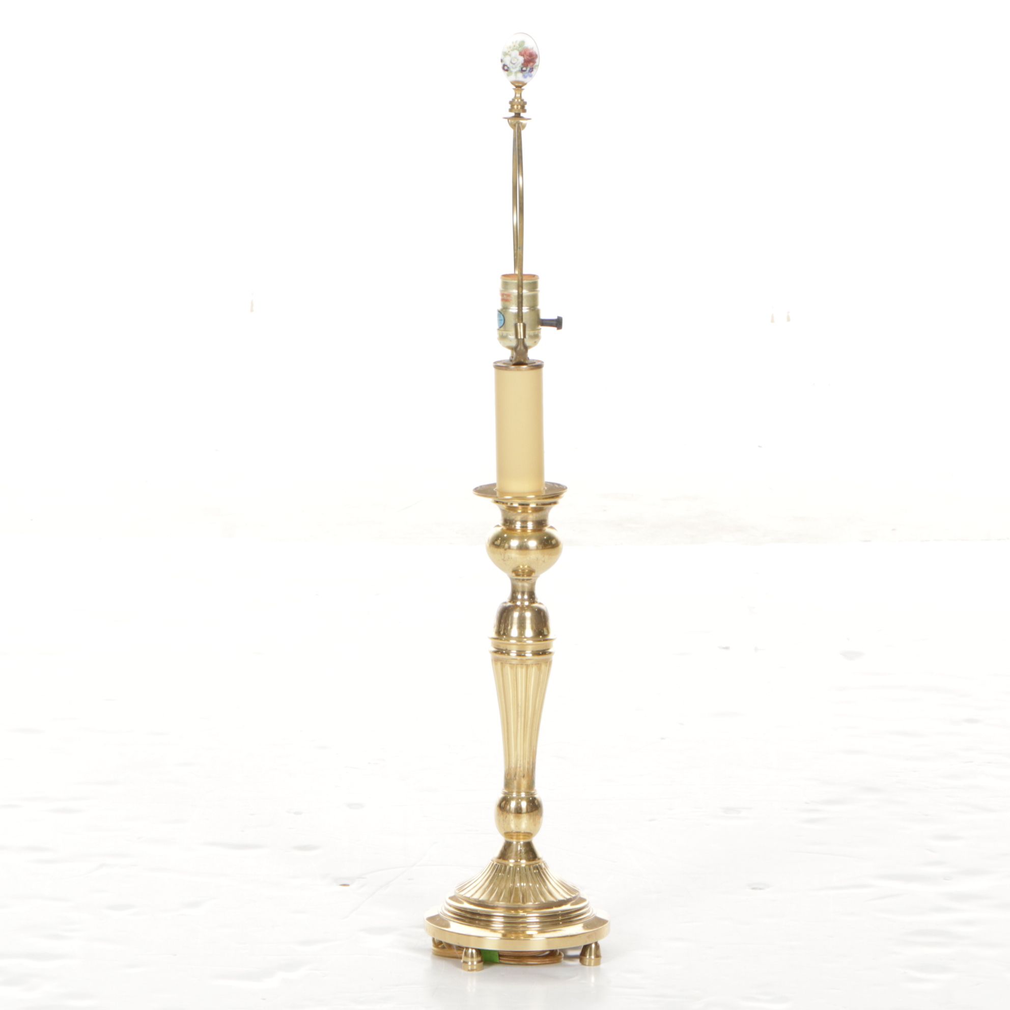 Brass Candlestick Table Lamp with Hand-Painted Floral Finial