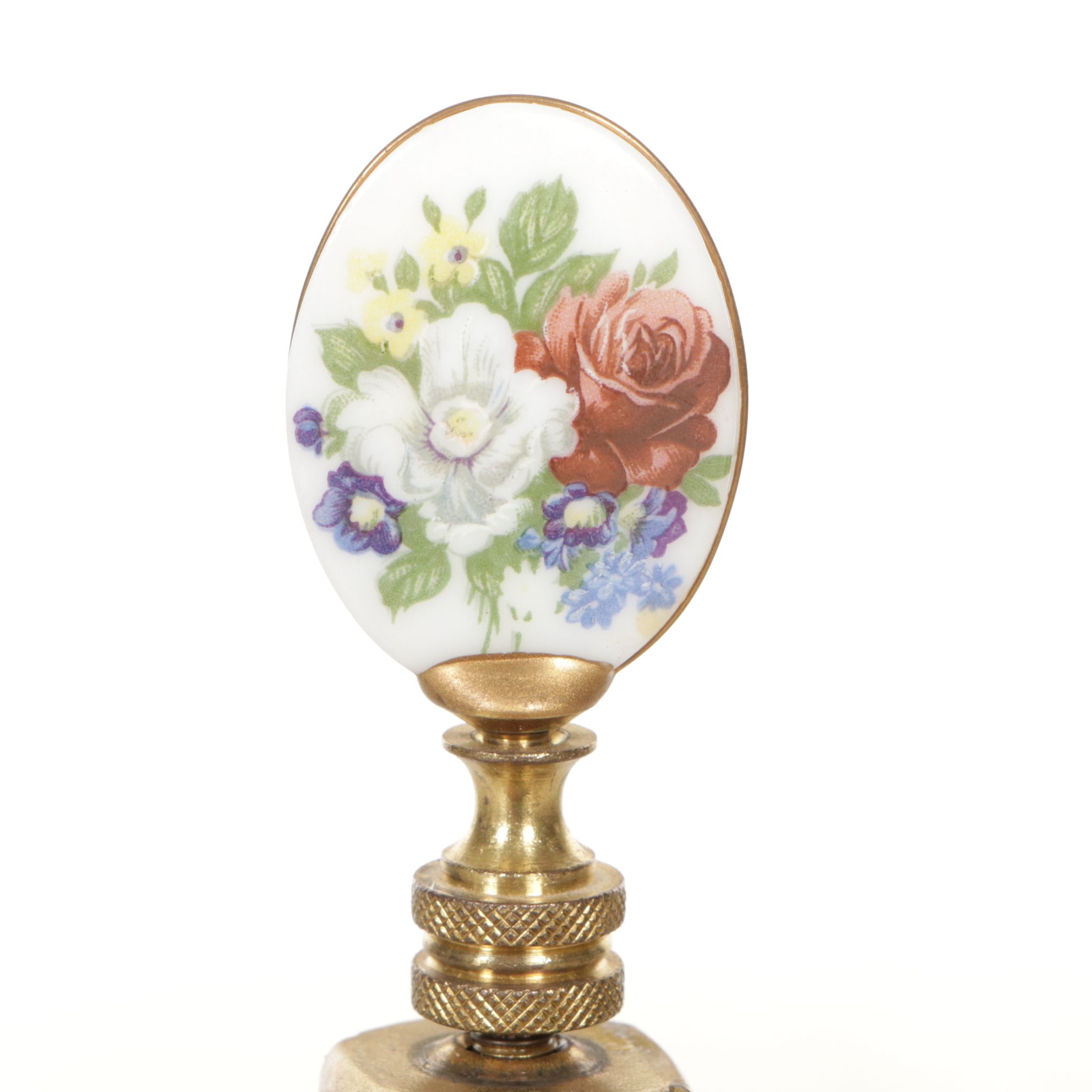 Brass Candlestick Table Lamp with Hand-Painted Floral Finial