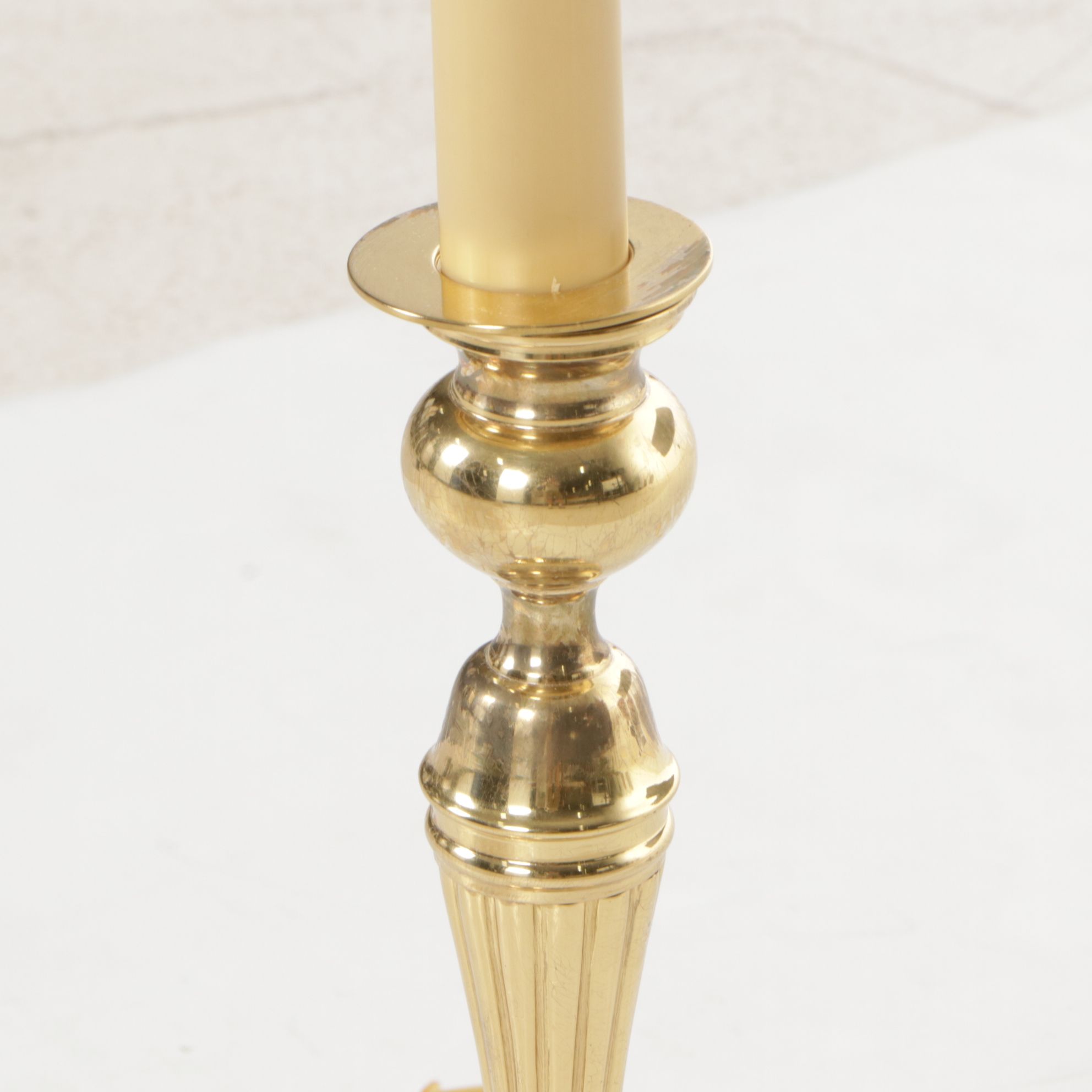 Brass Candlestick Table Lamp with Hand-Painted Floral Finial