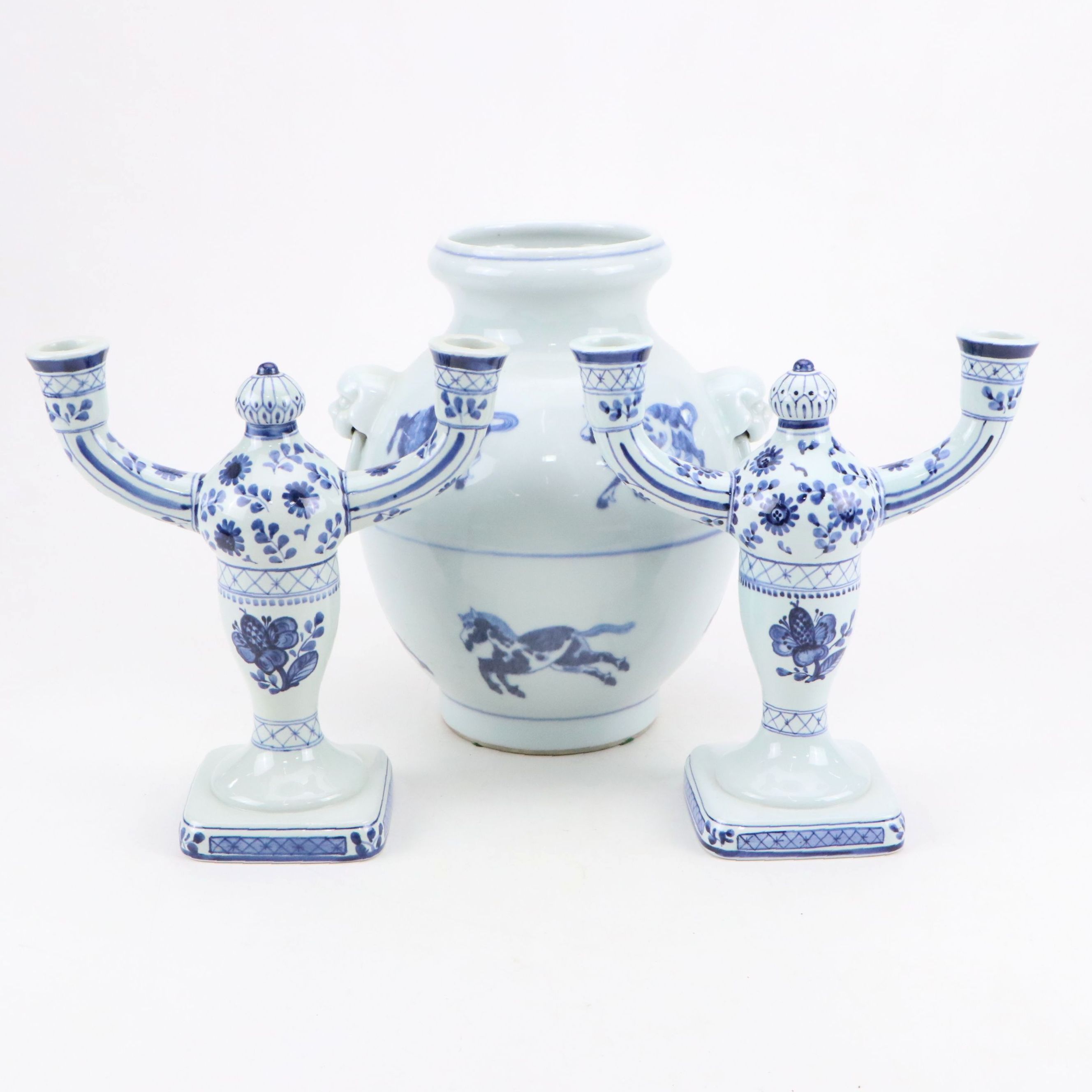 Royal Copenhagen Porcelain Candelabra with Blue on White Porcelain Vase