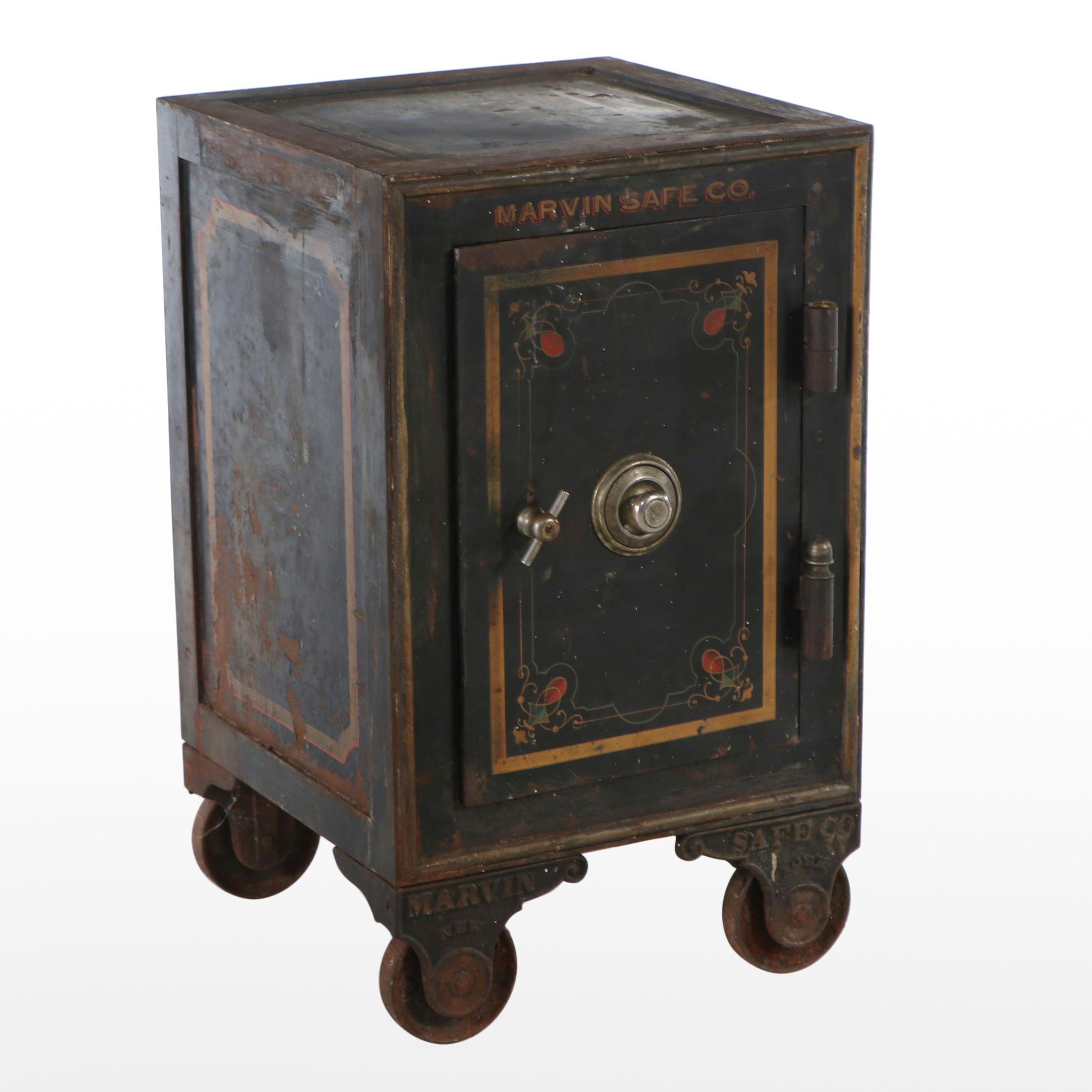 Marvin Safe Co. Paint-Decorated Metal Safe on Casters, Early 20th Century