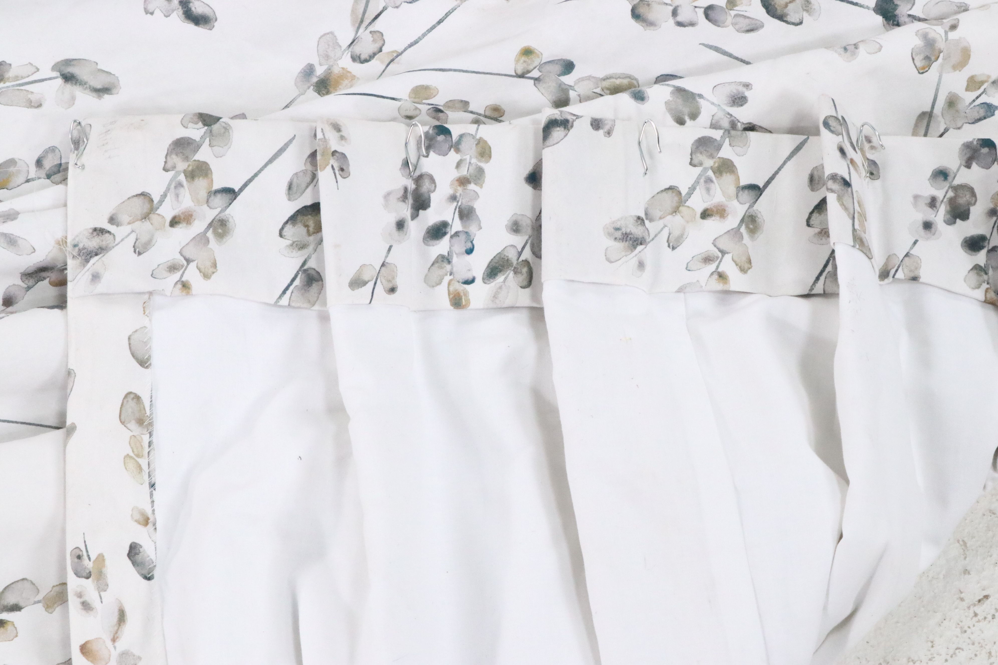 Pair of Watercolor Floral Print on White Pinch Pleat Curtains