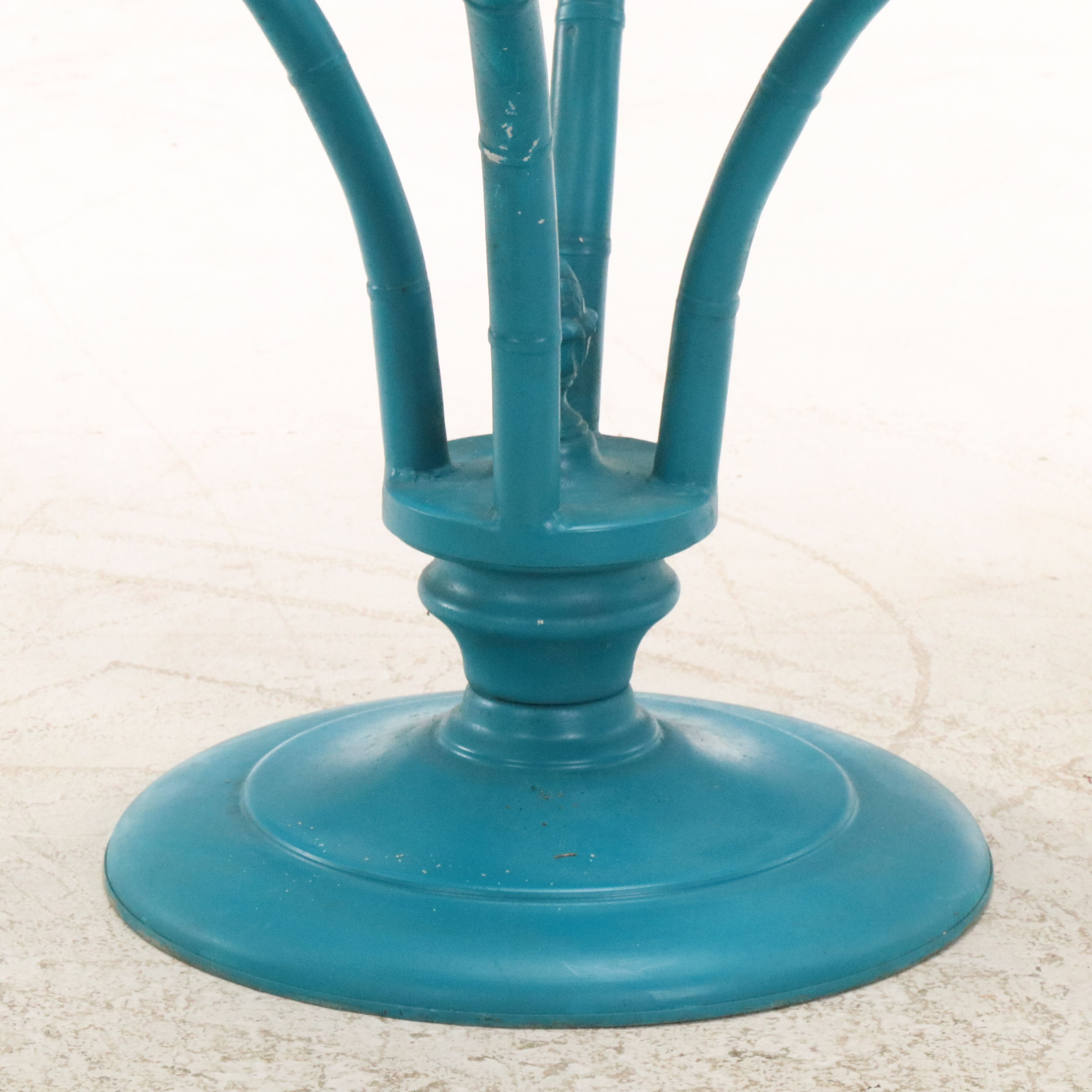 Glass Top Blue-Painted Metal Patio Dining Table with Bamboo Motif Legs