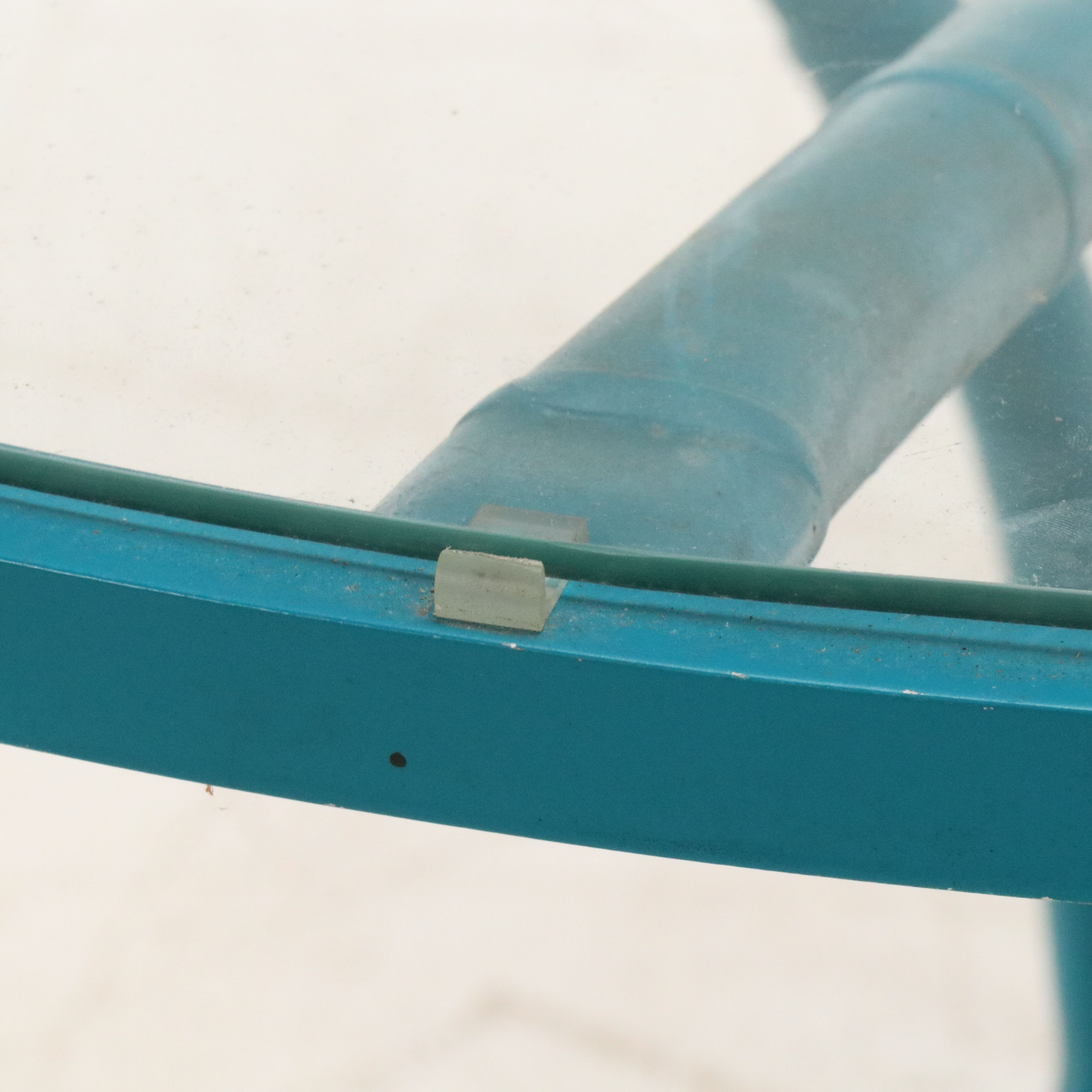 Glass Top Blue-Painted Metal Patio Dining Table with Bamboo Motif Legs