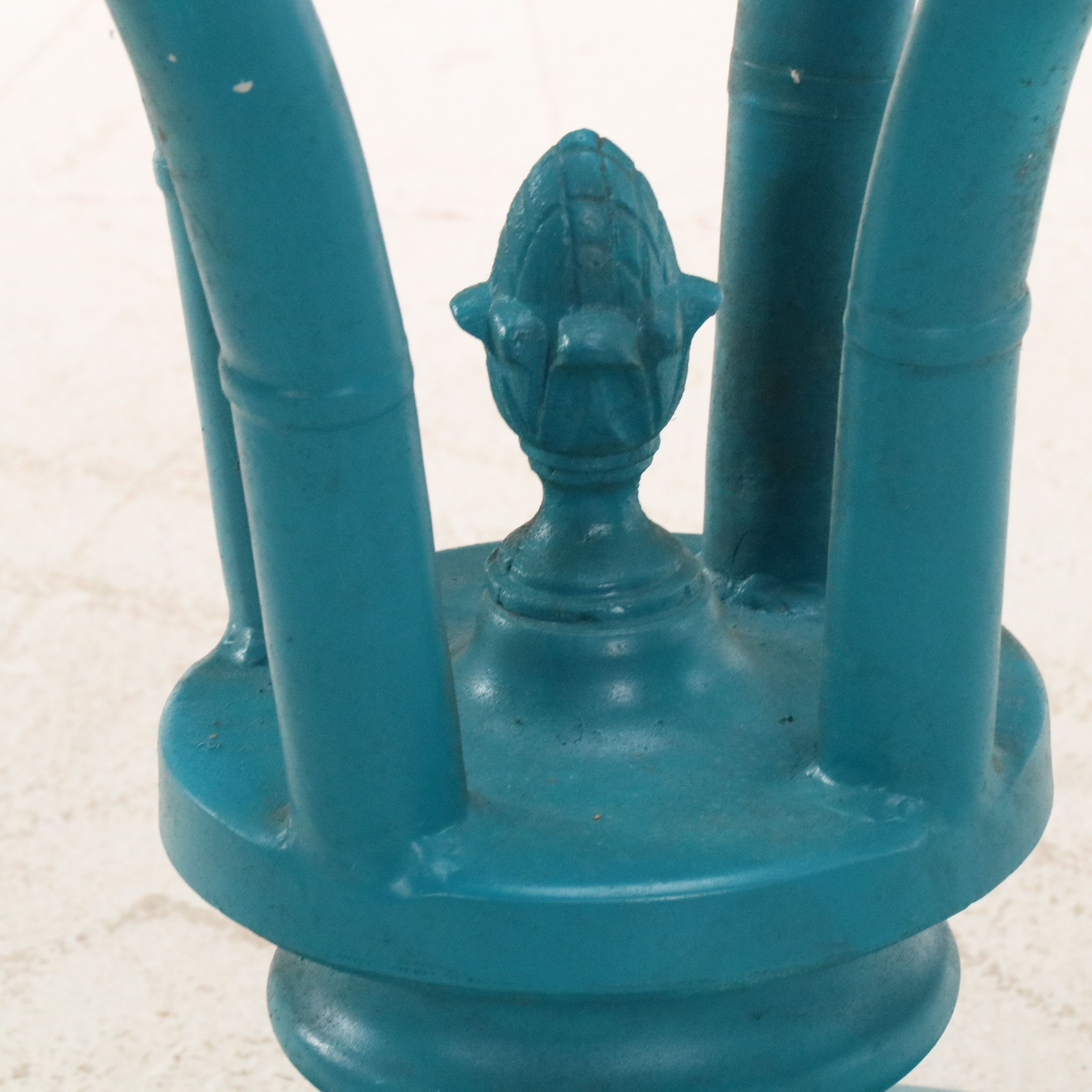 Glass Top Blue-Painted Metal Patio Dining Table with Bamboo Motif Legs