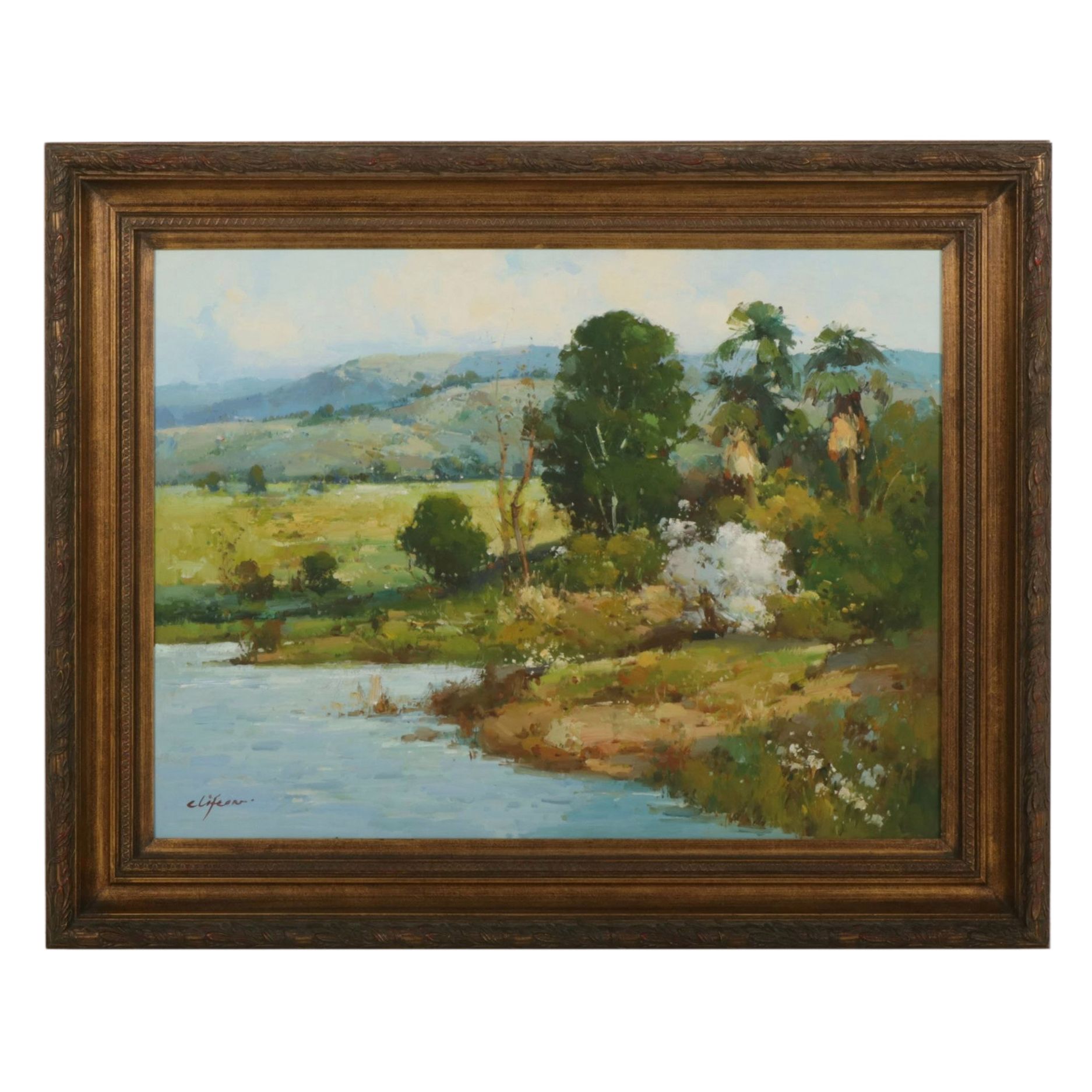 George Clifton Impressionist Riverbank Landscape Oil Painting, Late 20th Century