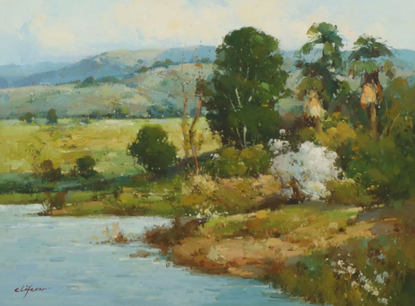 George Clifton Impressionist Riverbank Landscape Oil Painting, Late 20th Century