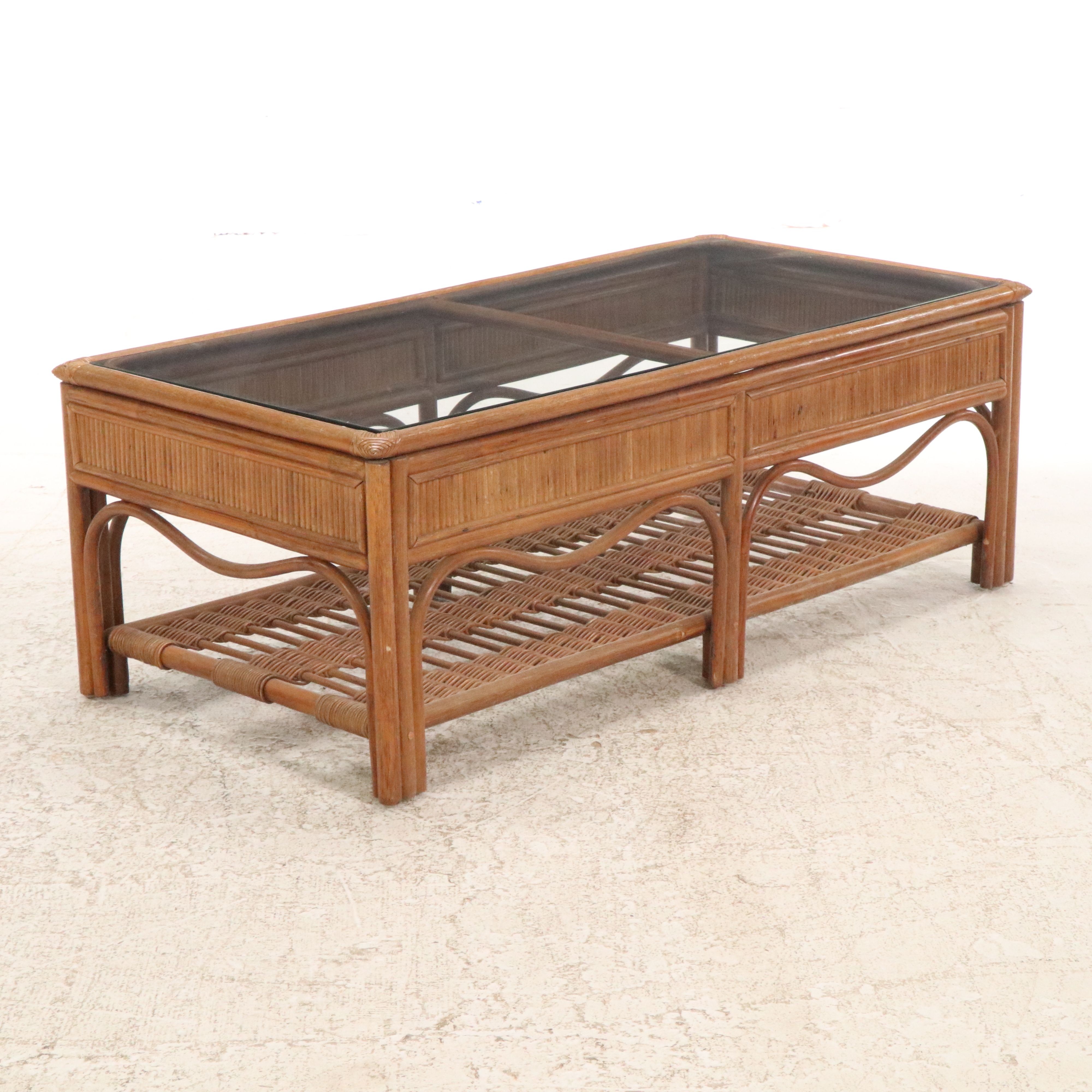 Contemporary Rattan Coffee Table with Glass Top and Rattan Sofa