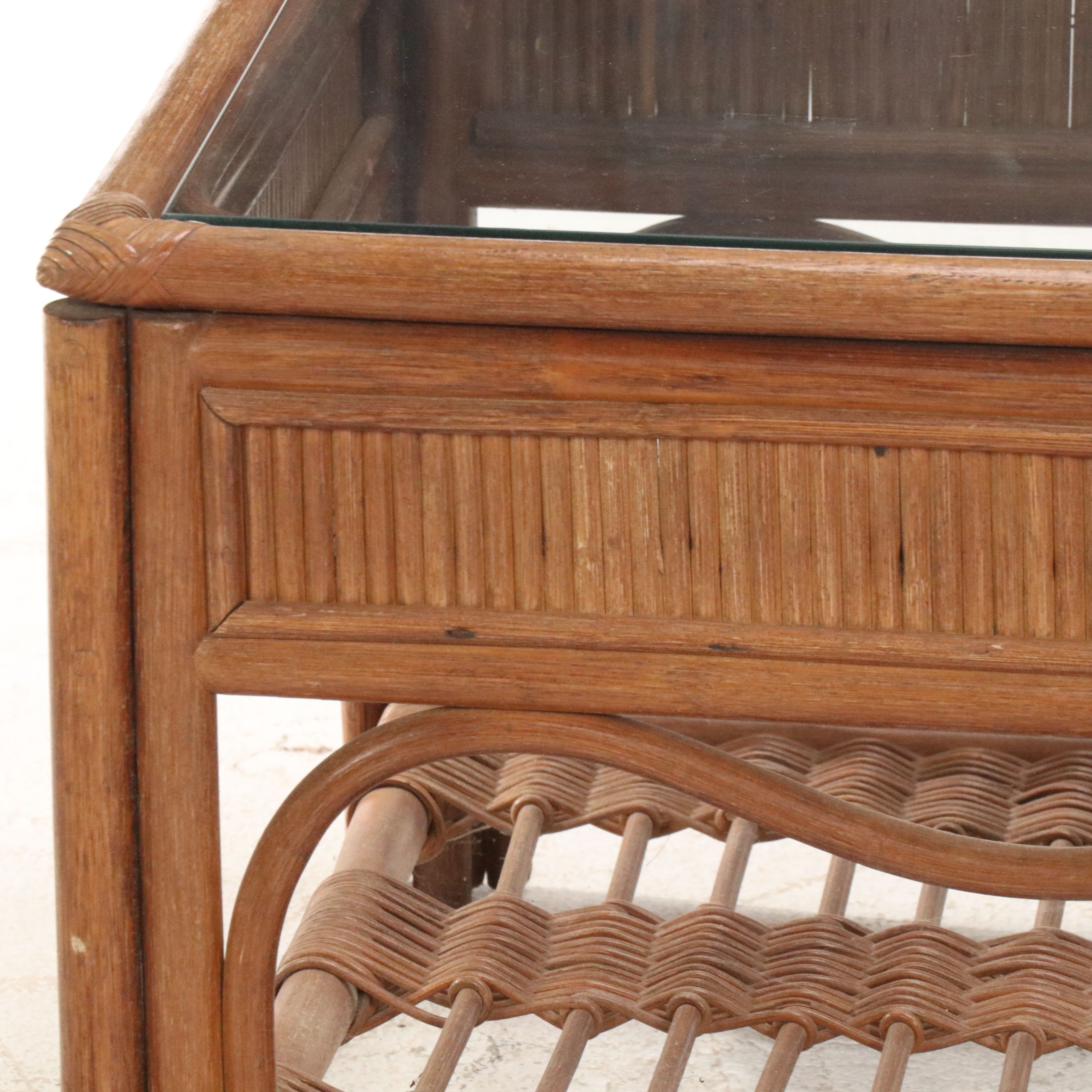 Contemporary Rattan Coffee Table with Glass Top and Rattan Sofa