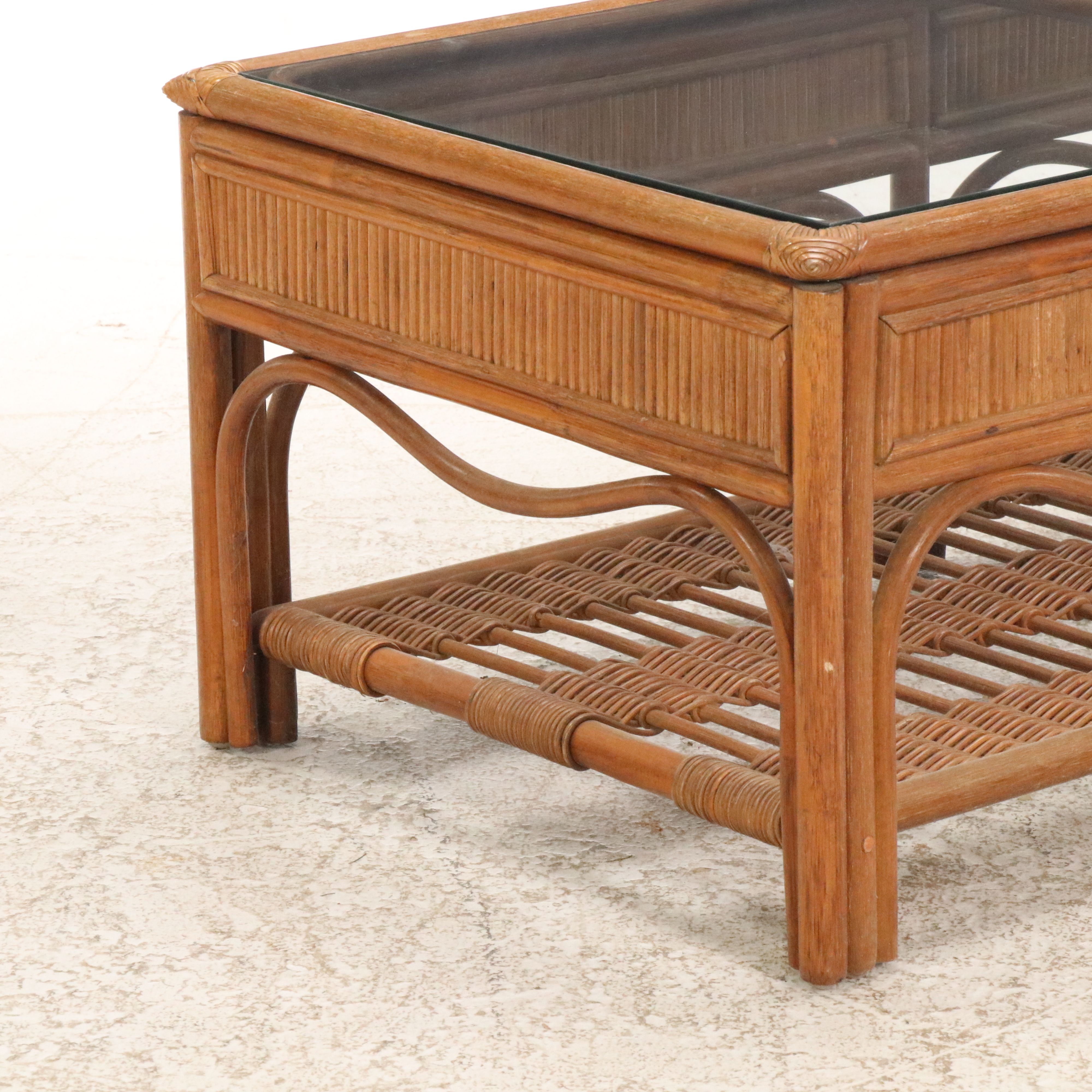 Contemporary Rattan Coffee Table with Glass Top and Rattan Sofa