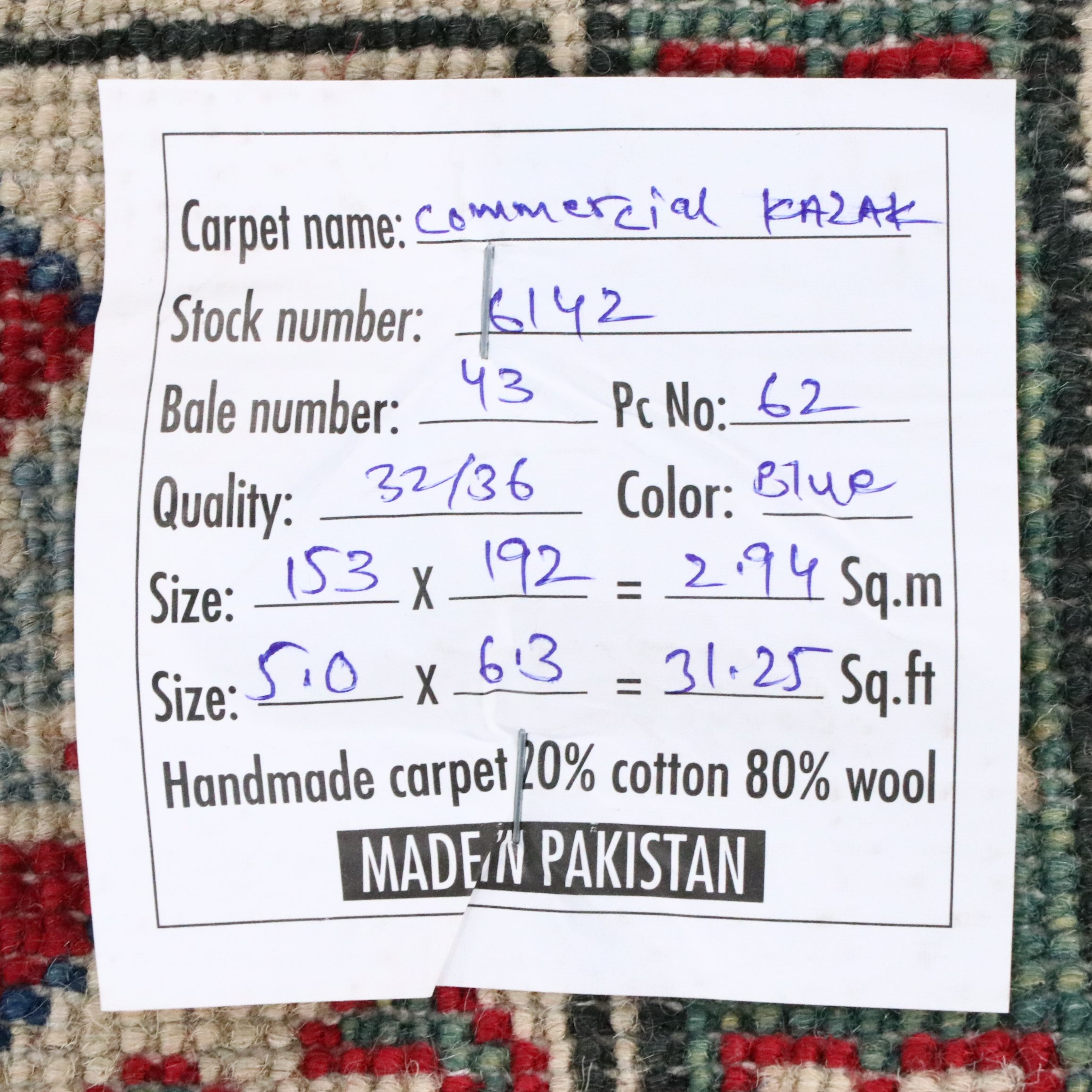 5' x 6'4 Hand-Knotted Pakistani Kazak Area Rug