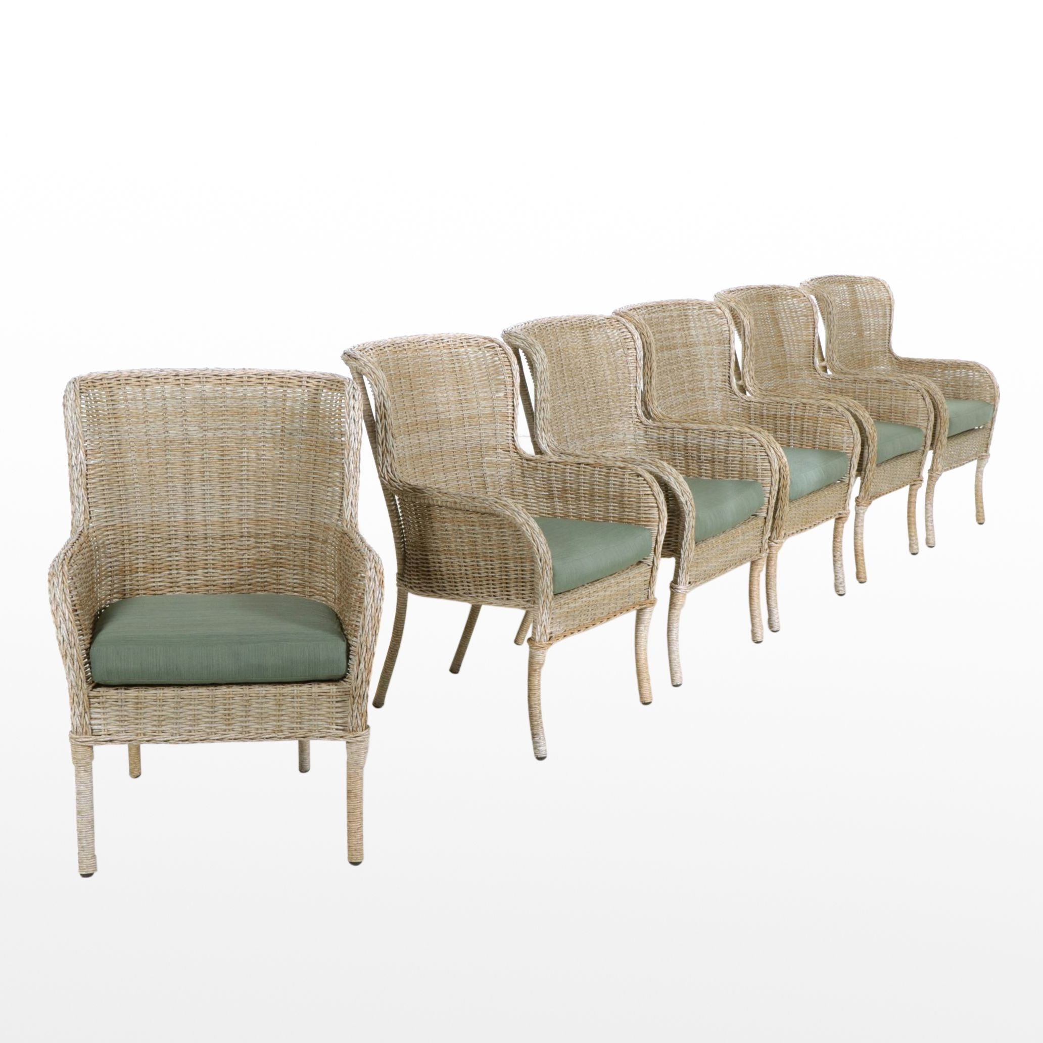 Six Hampton Bay Faux Rattan Wicker Patio Armchairs