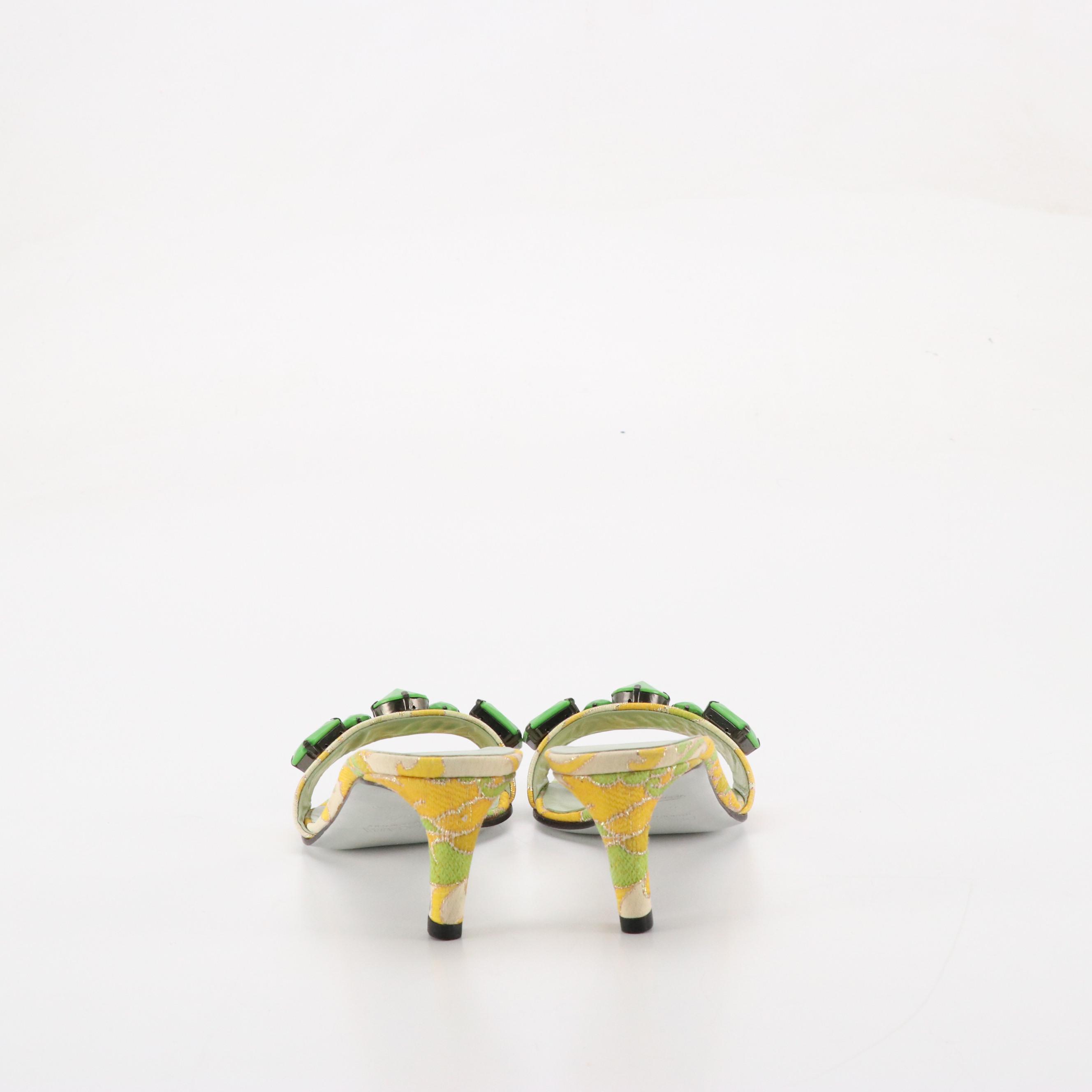 Prada Jeweled Metallic Brocade Slide Sandals with Box