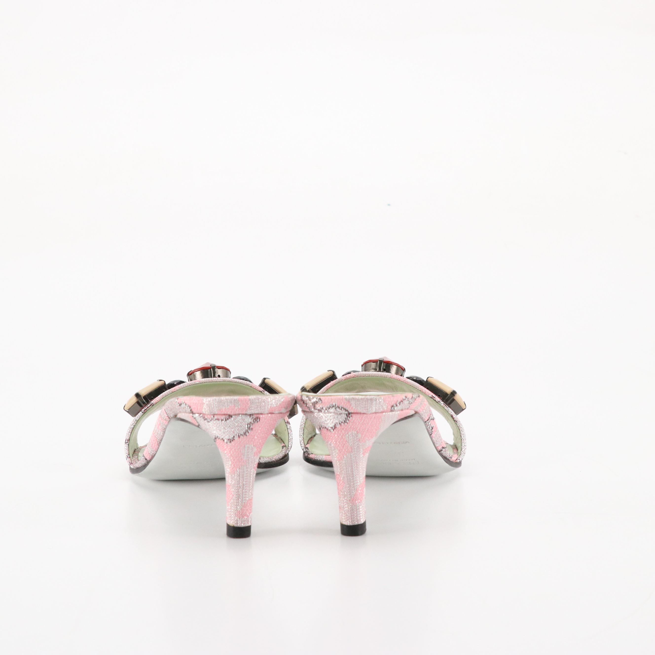 Prada Jeweled Metallic Brocade Slide Sandals with Box