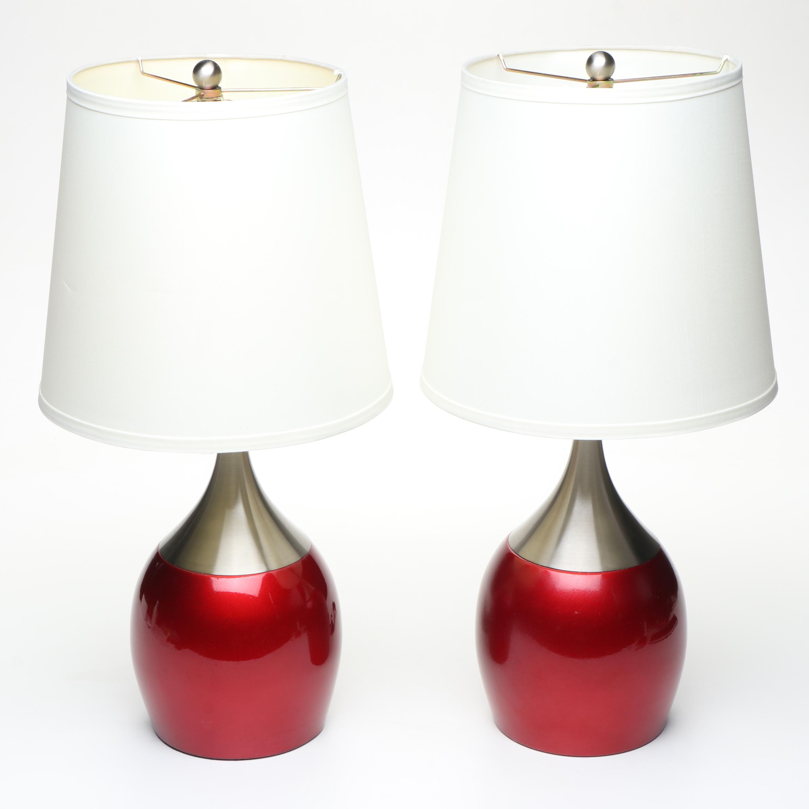 Postmodern Style Red Lacquer and Nickel Table Lamps with Cotton Shades